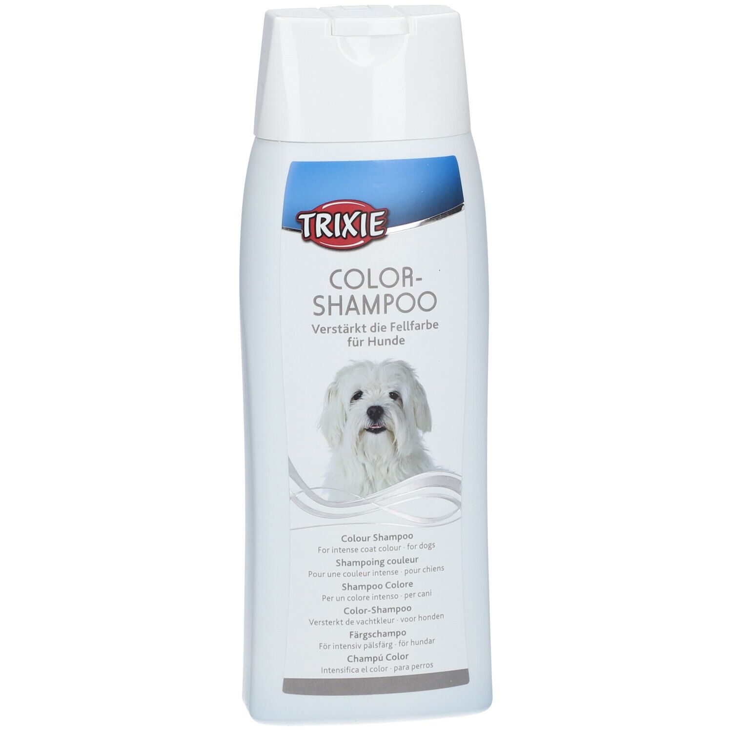 Shampoo TRIXIE Color per cani. Bottiglia bianca con etichetta blu. Immagine di un cane bianco. Testo multilingue.