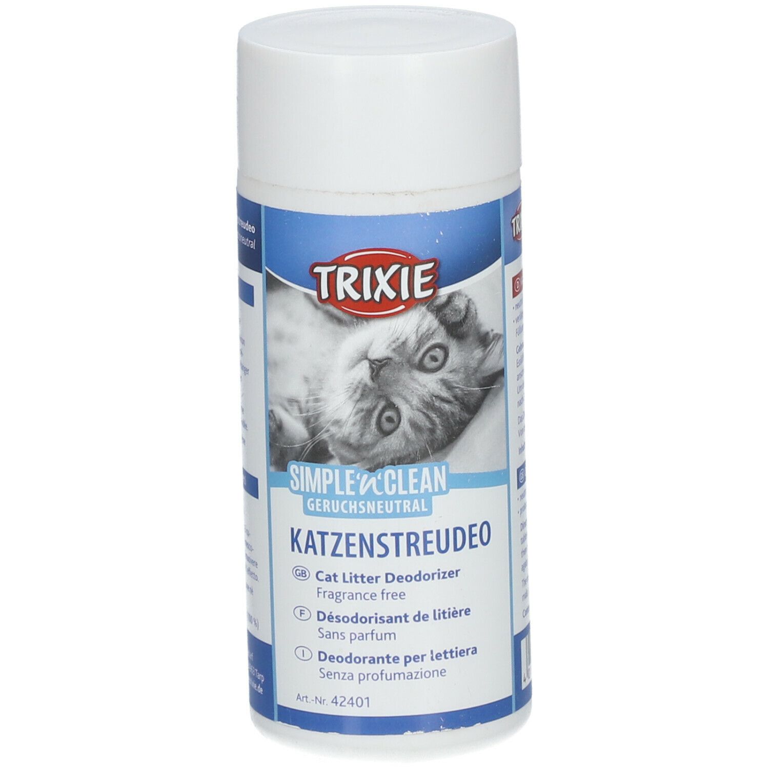 Confezione cilindrica. Etichetta blu con logo e nome prodotto. Illustrazione gatto. Testo: Deodorante per lettiera, senza profumo.
