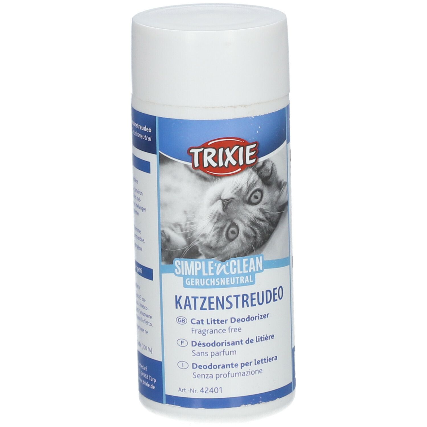 Confezione cilindrica. Fronte con logo, nome prodotto e illustrazione gatto. Testo: Deodorante per lettiera, senza profumo.