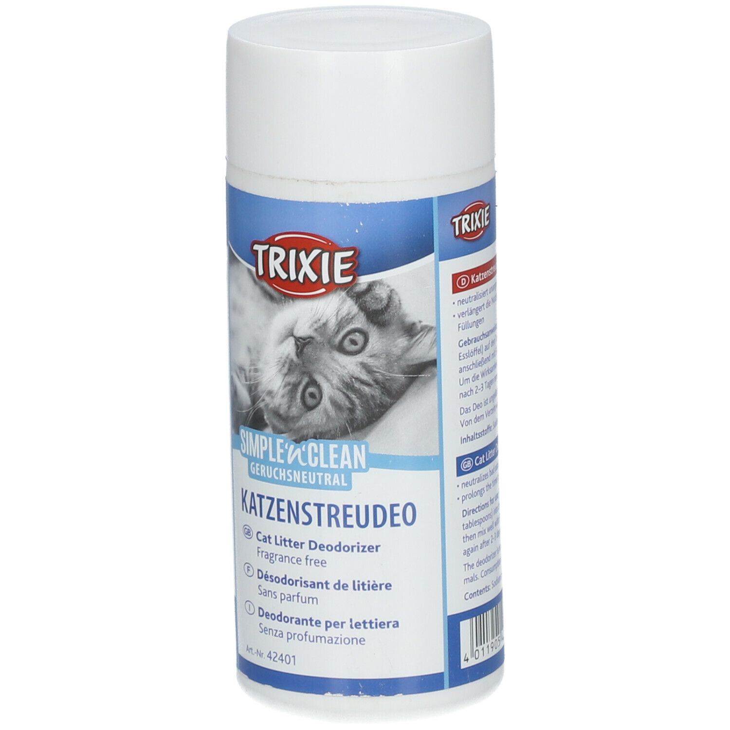 Confezione cilindrica. Fronte con logo, nome prodotto e illustrazione gatto. Testo: Deodorante per lettiera, senza profumo.