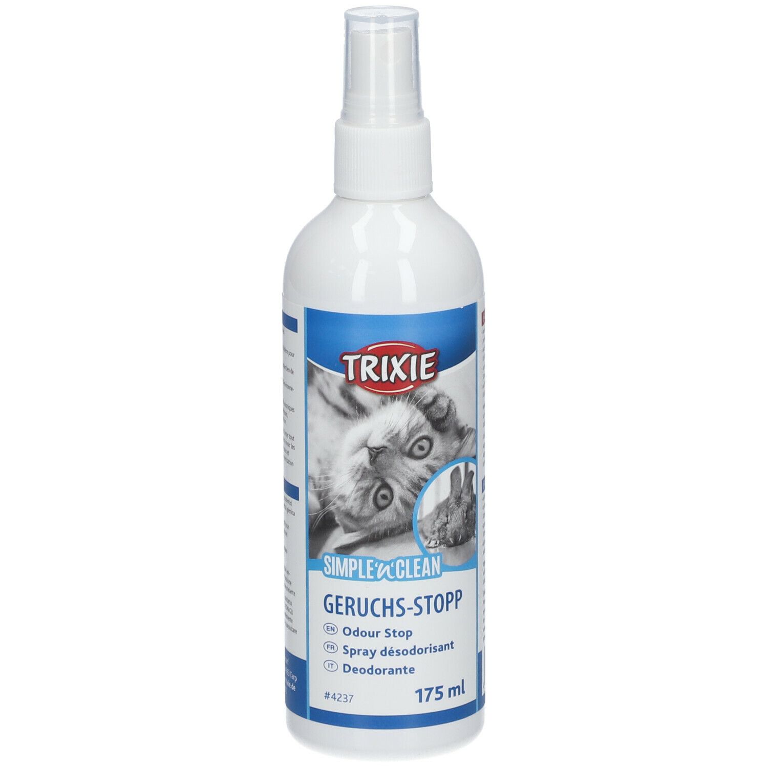 Flacone spray bianco con etichetta blu. Logo TRIXIE e nome del prodotto. Immagine di un gatto. Testo: GERUCHS-STOPP, ODOUR STOP, Spray désodorisant, Deodorante.