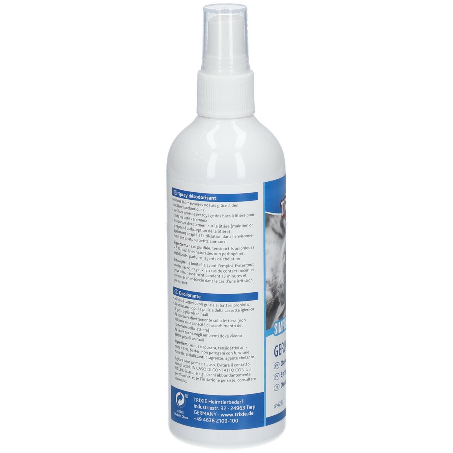 Retro del flacone spray bianco. Etichette blu e bianche con testo. Informazioni sul prodotto. Indirizzo del produttore e recapiti.