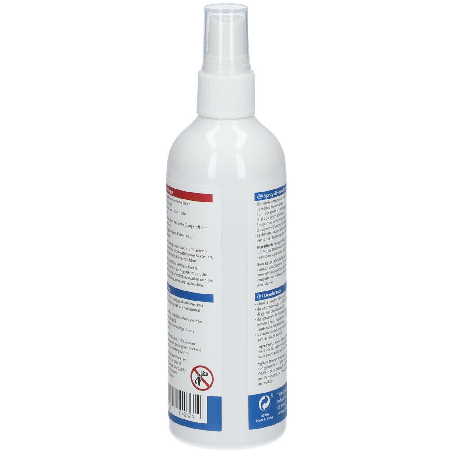 Retro del flacone spray bianco. Etichette blu e rosse con testo. Informazioni sul prodotto. Avvertenza e pittogramma.