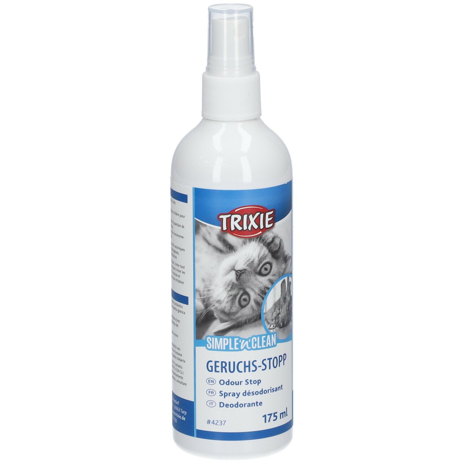 Flacone spray bianco con etichetta blu. Logo TRIXIE e nome del prodotto. Immagine di un gatto. Testo: GERUCHS-STOPP, ODOUR STOP, Spray désodorisant, Deodorante.