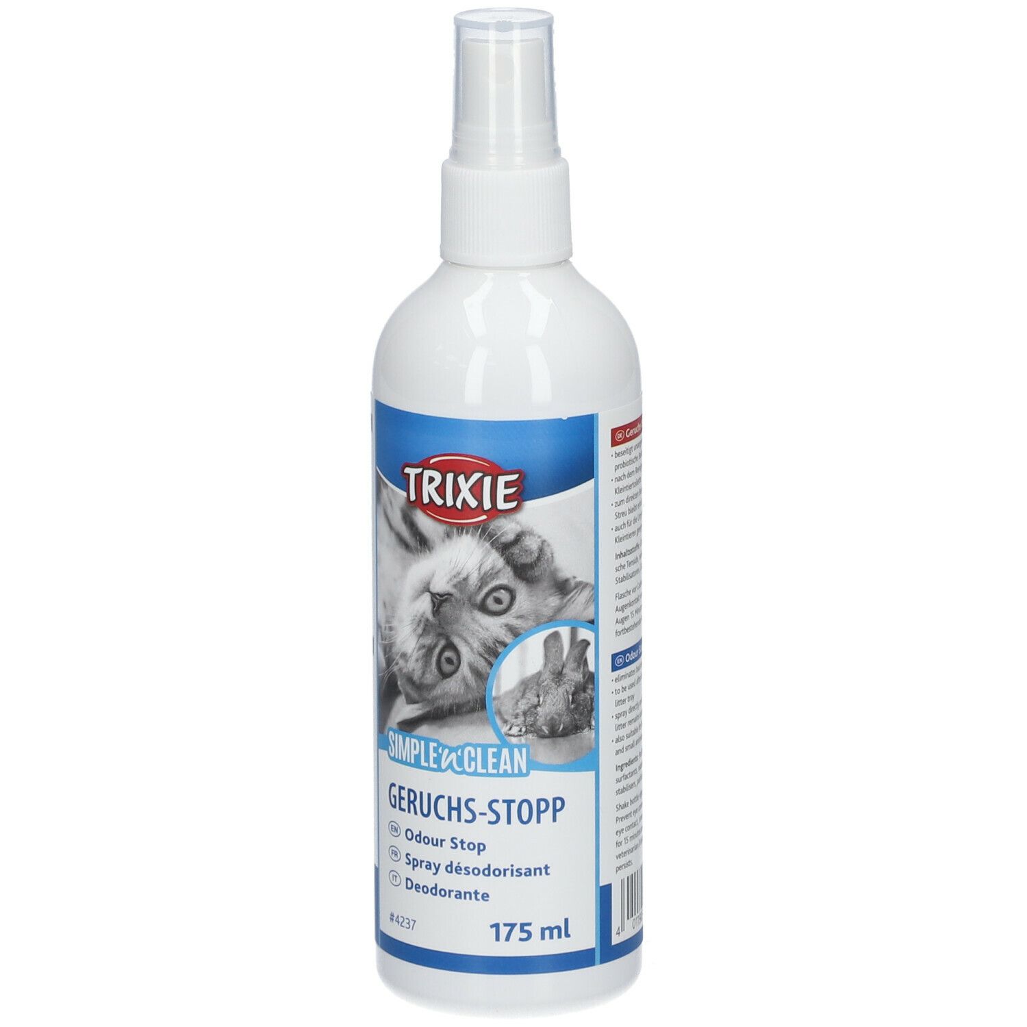 Flacone spray bianco con etichetta blu. Logo TRIXIE e nome del prodotto. Immagine di un gatto. Testo: GERUCHS-STOPP, ODOUR STOP, Spray désodorisant, Deodorante.