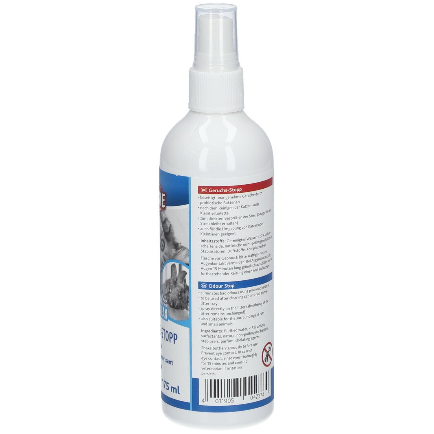 Retro del flacone spray bianco. Etichette blu e rosse con testo. Informazioni sul prodotto. Avvertenza e pittogramma.