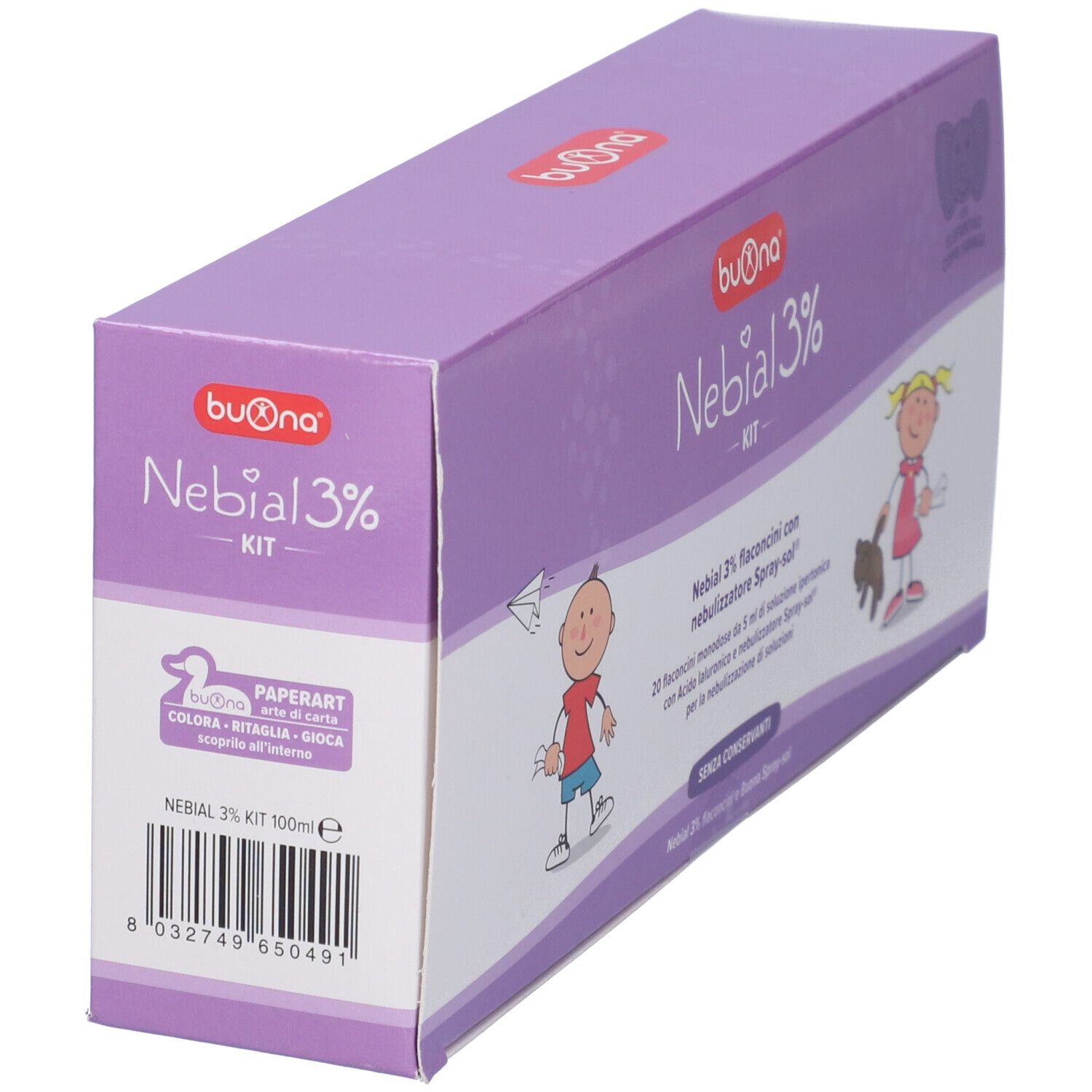 Lila Karton, Seitenansicht. Aufdruck: Nebial 3% Kit. Marke: Buona. Mit Barcode und Text.