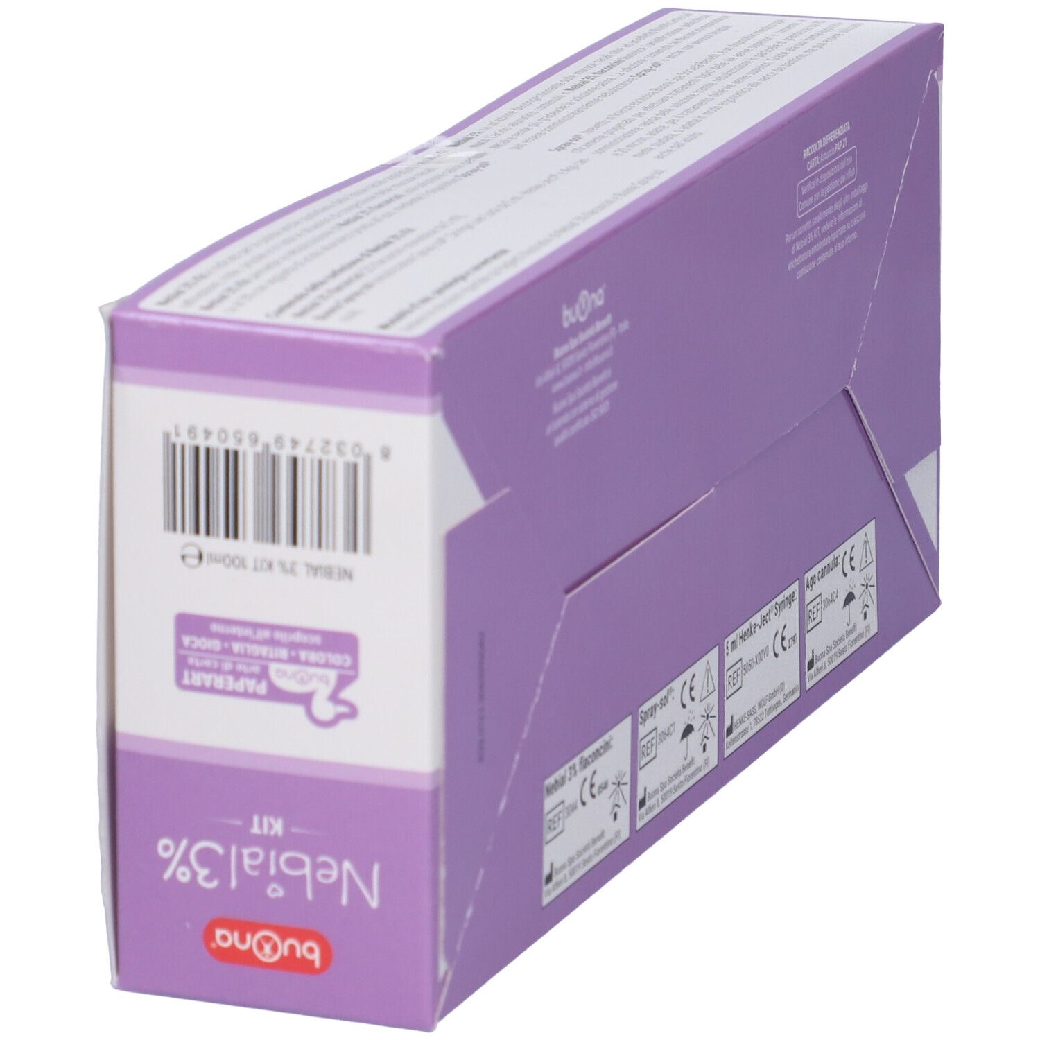 Lila Karton, schräge Ansicht. Aufdruck: Nebial 3% Kit. Marke: Buona. Mit Barcode.