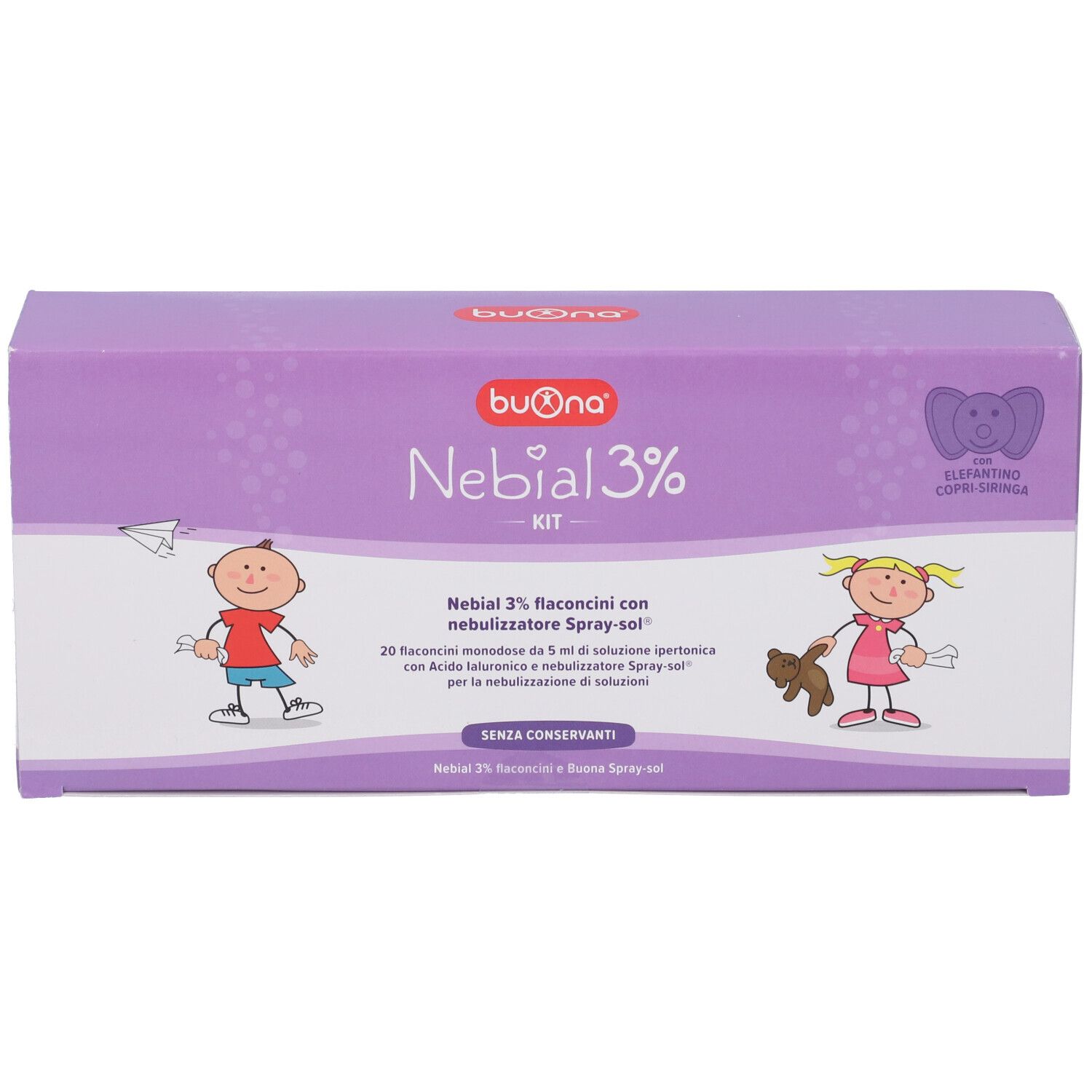 Lila Karton mit Produktaufdruck. Marke: Buona. Aufdruck: Nebial 3% Kit. Mit Illustrationen.