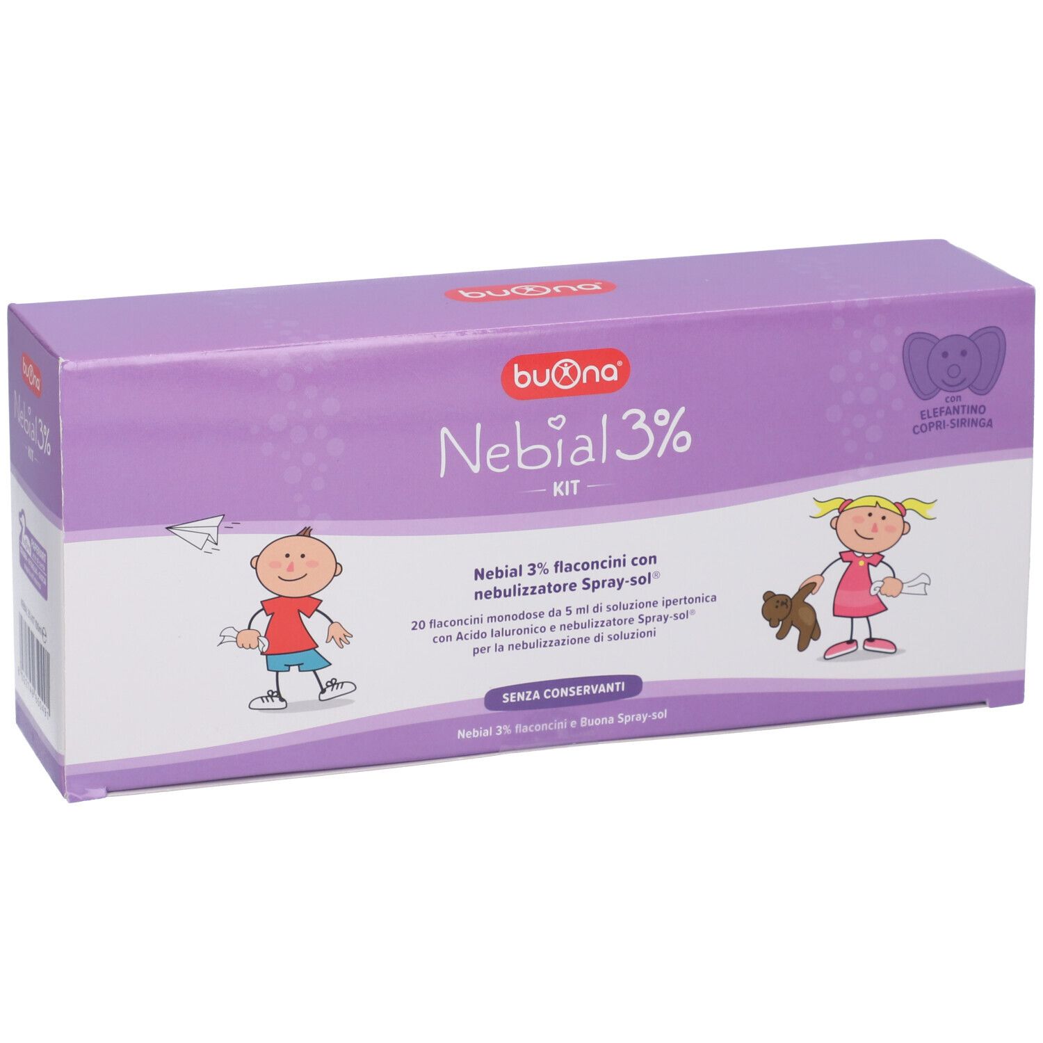 Lila Karton mit Produktaufdruck. Marke: Buona. Aufdruck: Nebial 3% Kit. Mit Illustrationen.