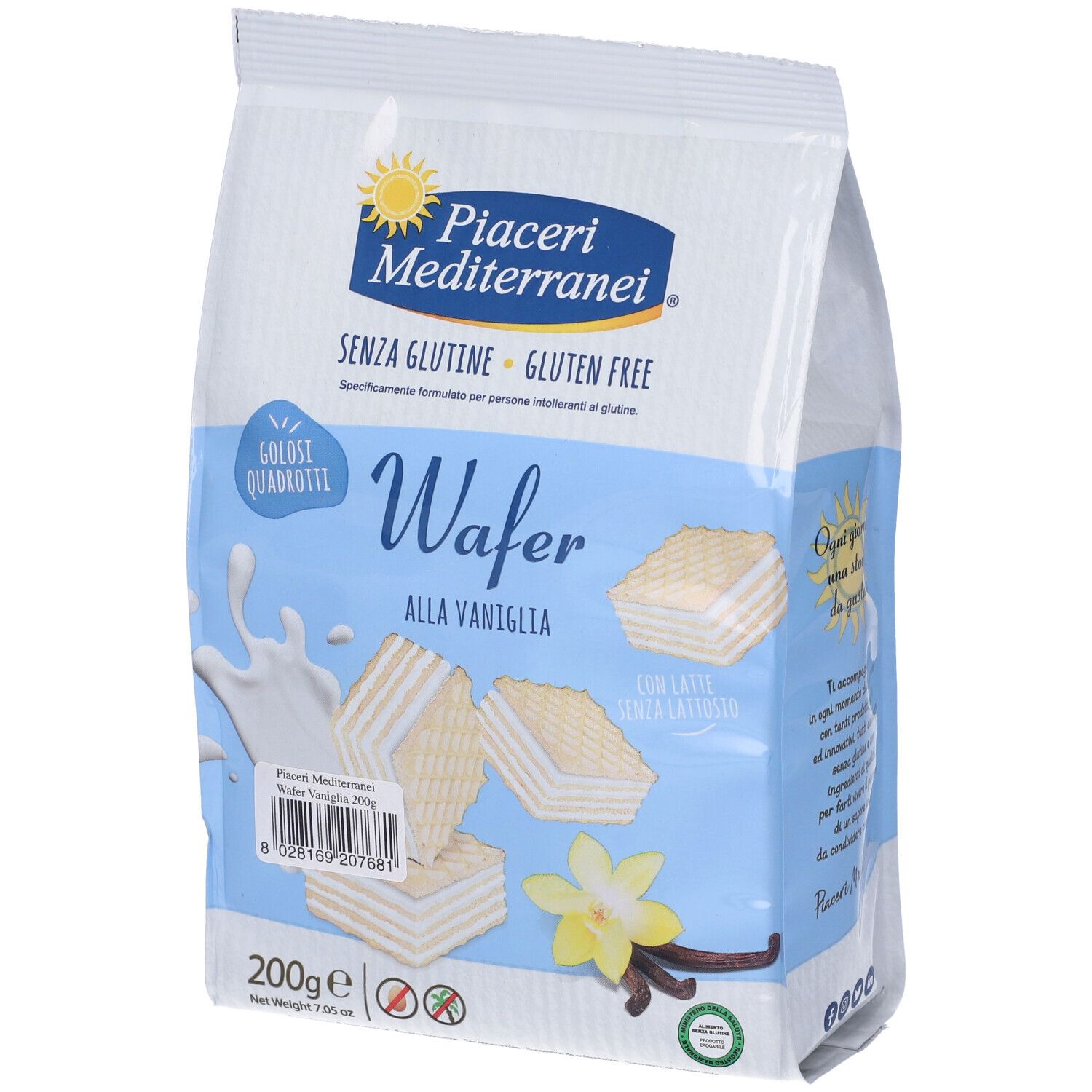 Confezione di wafer. Scritta: Piaceri Mediterranei, senza glutine, Wafer alla Vaniglia. Immagine di wafer, vaniglia e latte.