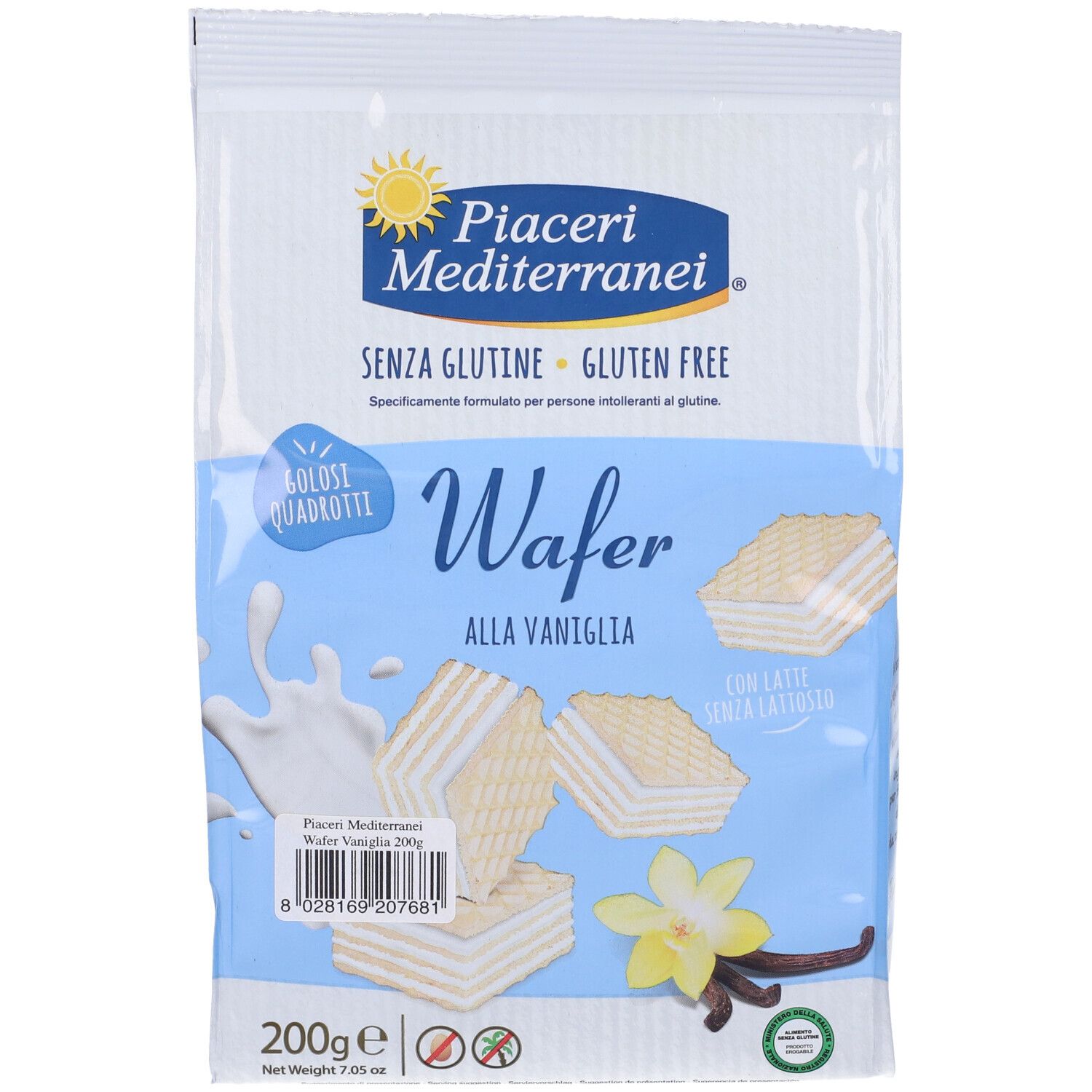 Confezione di wafer. Scritta: Piaceri Mediterranei, senza glutine, Wafer alla Vaniglia. Immagine di wafer, vaniglia e latte.