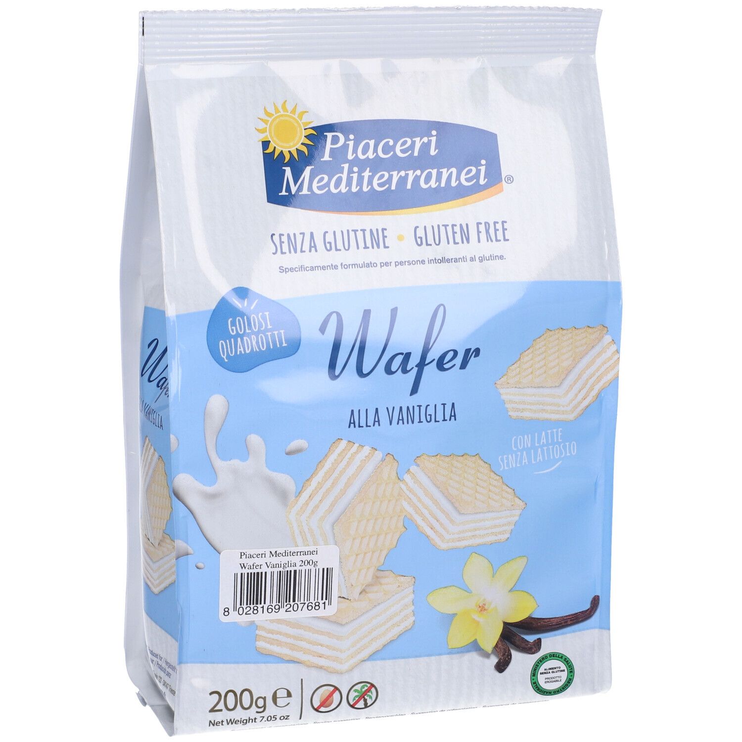 Confezione di wafer. Scritta: Piaceri Mediterranei, senza glutine, Wafer alla Vaniglia. Immagine di wafer, vaniglia e latte.