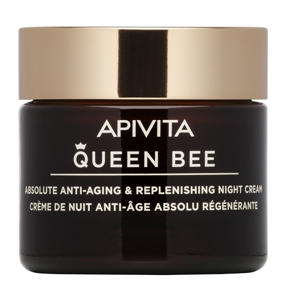 Vaso marrone scuro con coperchio dorato. Scritta: APIVITA QUEEN BEE, crema notte anti-età.