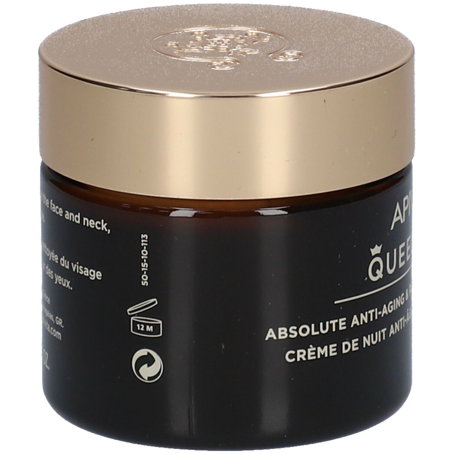Vaso con coperchio dorato. Testo: APIVITA QUEEN BEE, crema notte. Retro con testo.
