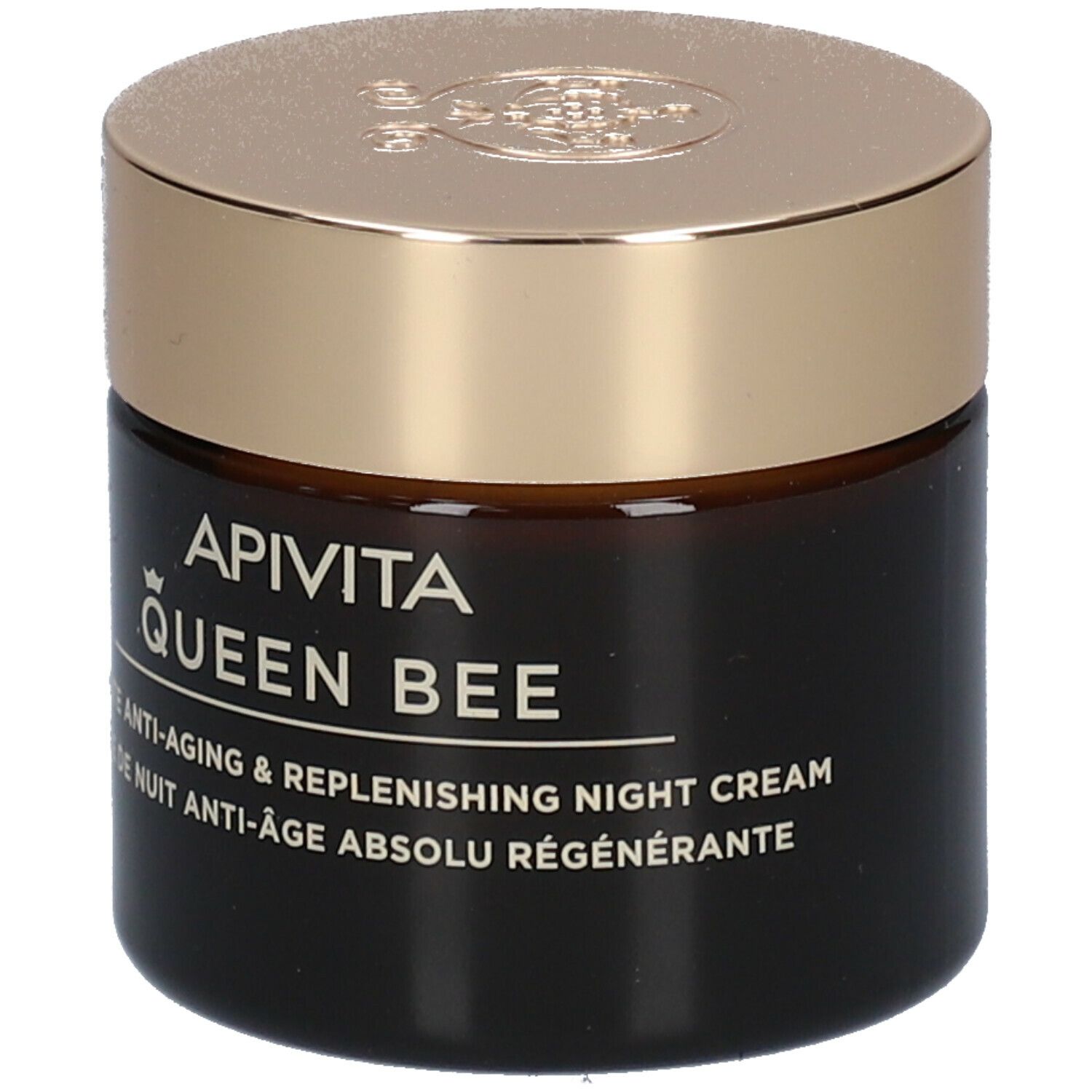 Vaso con coperchio dorato. Testo: APIVITA QUEEN BEE, crema notte. Vaso marrone.