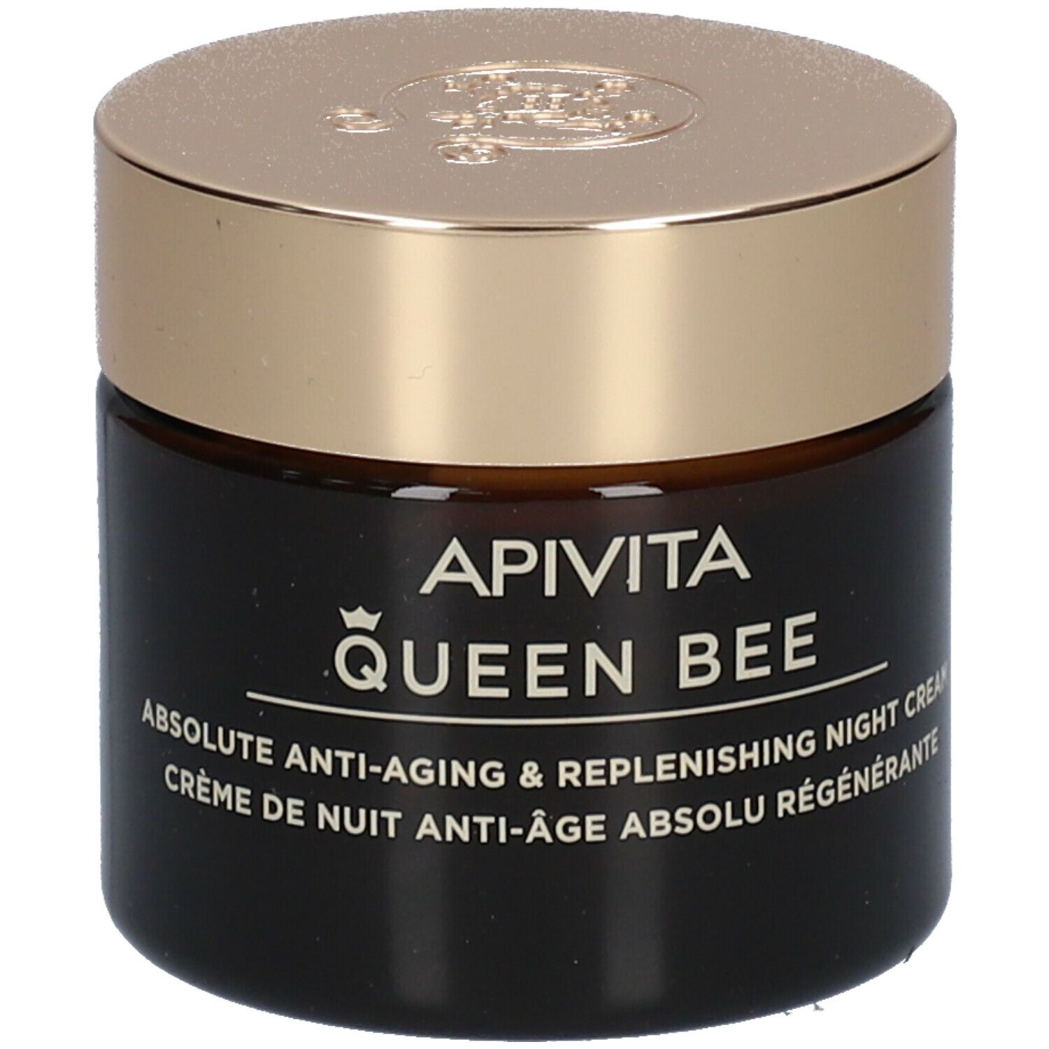Vaso con coperchio dorato. Testo: APIVITA QUEEN BEE, crema notte. Vaso marrone.