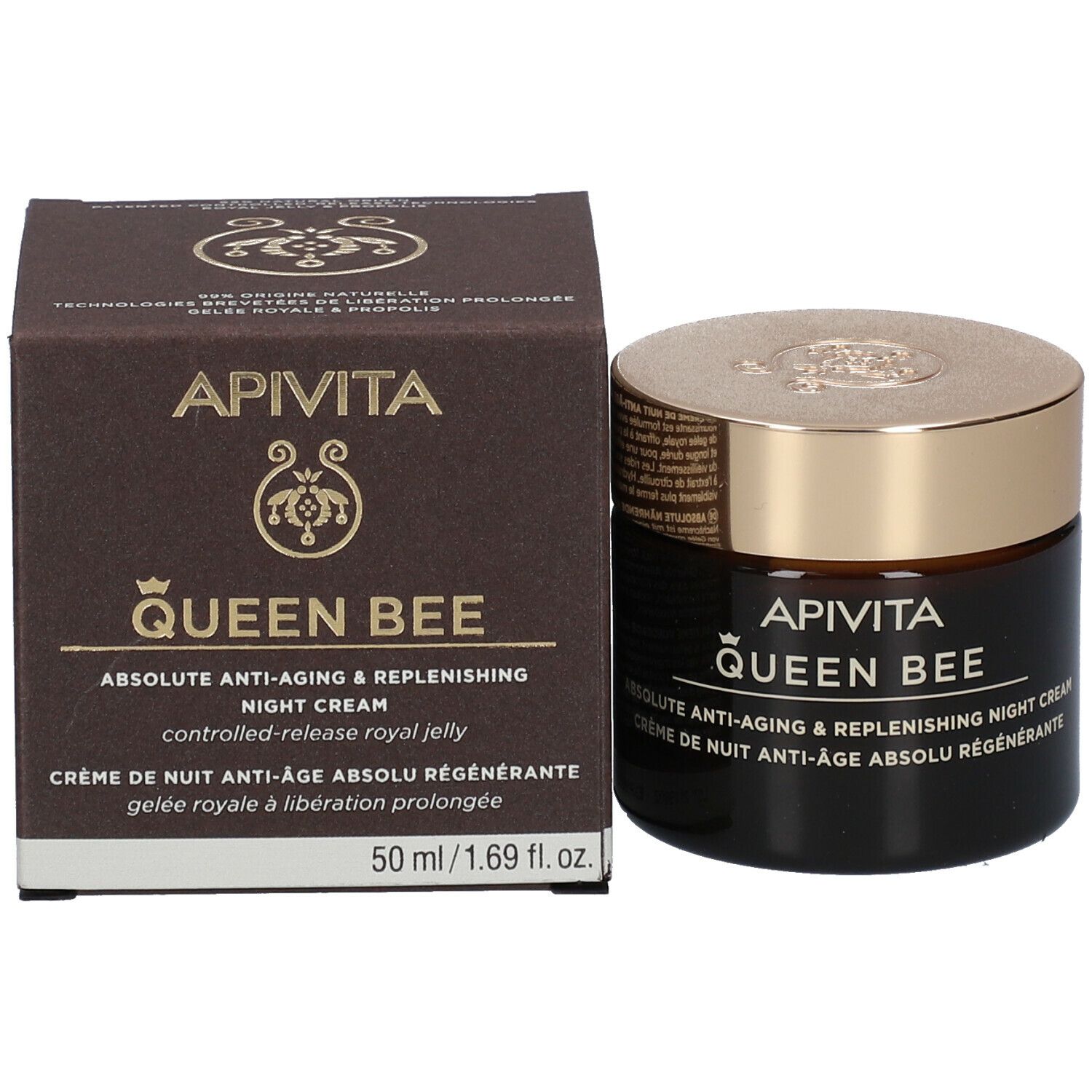 Vaso e scatola. Testo: APIVITA QUEEN BEE, crema notte. 50 ml/1.69 fl. oz. Con pappa reale.