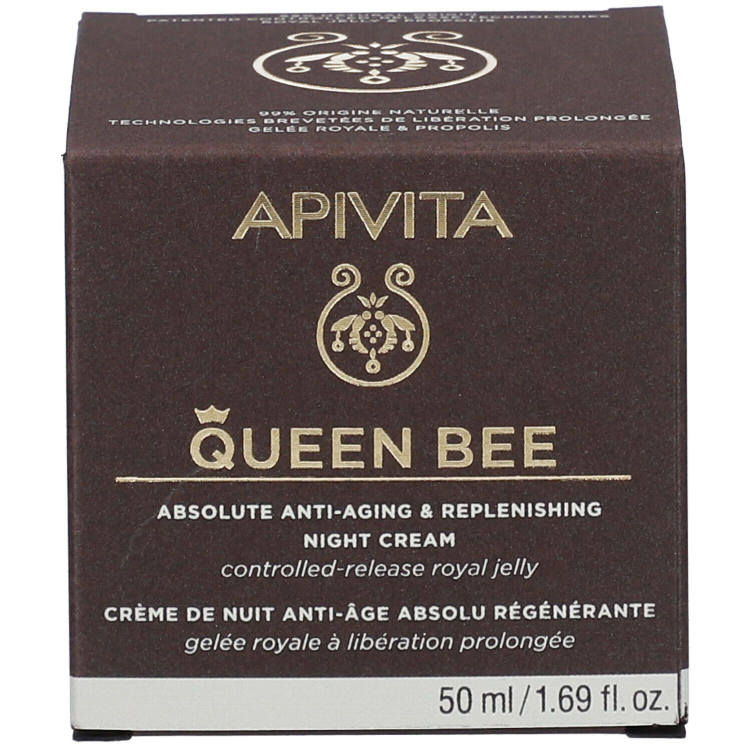 Scatola. Testo: APIVITA QUEEN BEE, crema notte. 50 ml/1.69 fl. oz. Con pappa reale.