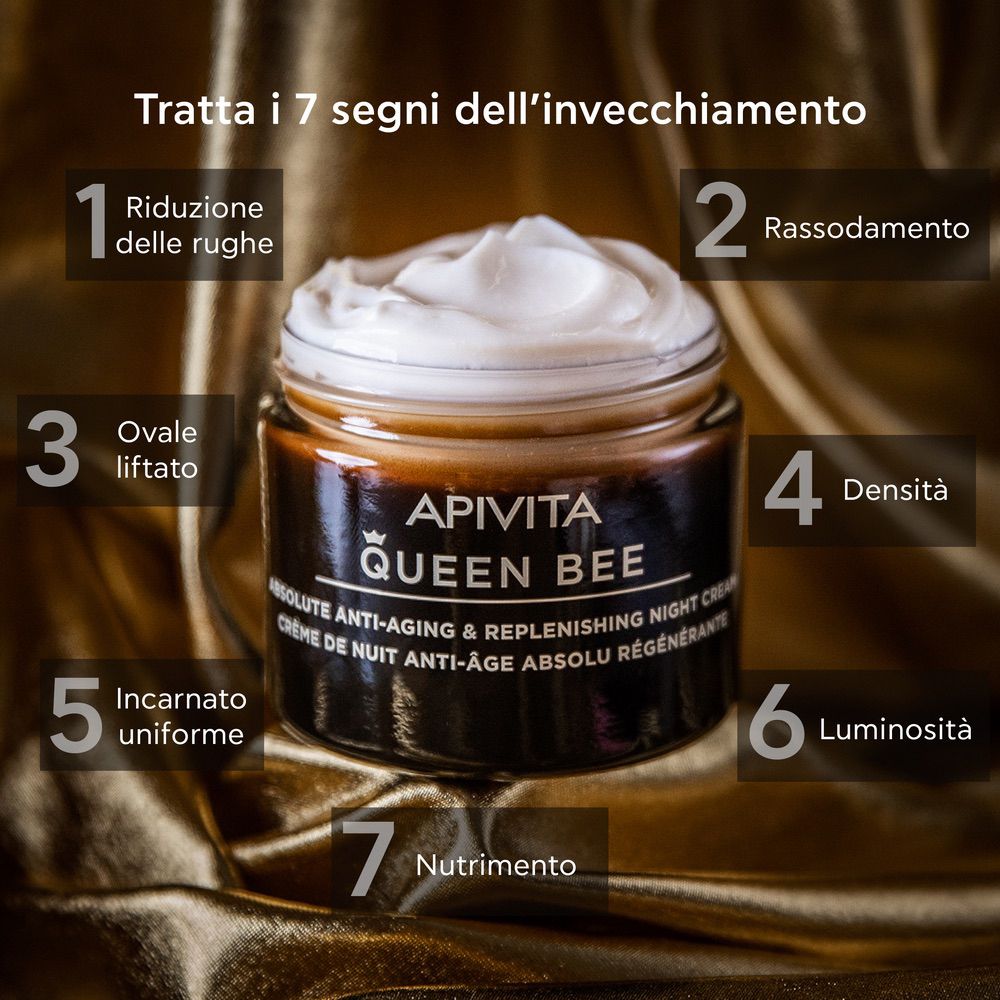 Vaso con crema e testo. Testo: APIVITA QUEEN BEE, crema notte anti-età. 7 segni dell'invecchiamento.