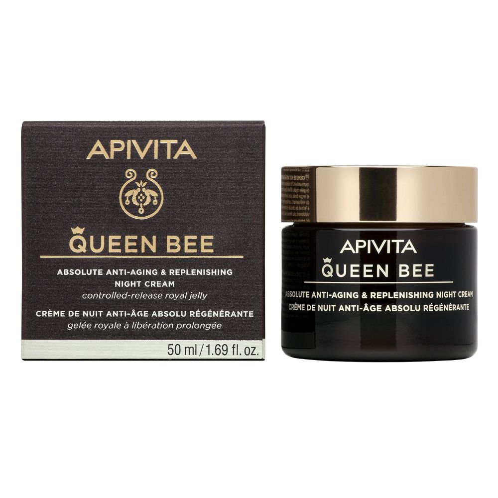 Vaso e scatola. Testo: APIVITA QUEEN BEE, crema notte. 50 ml/1.69 fl. oz. Con pappa reale.
