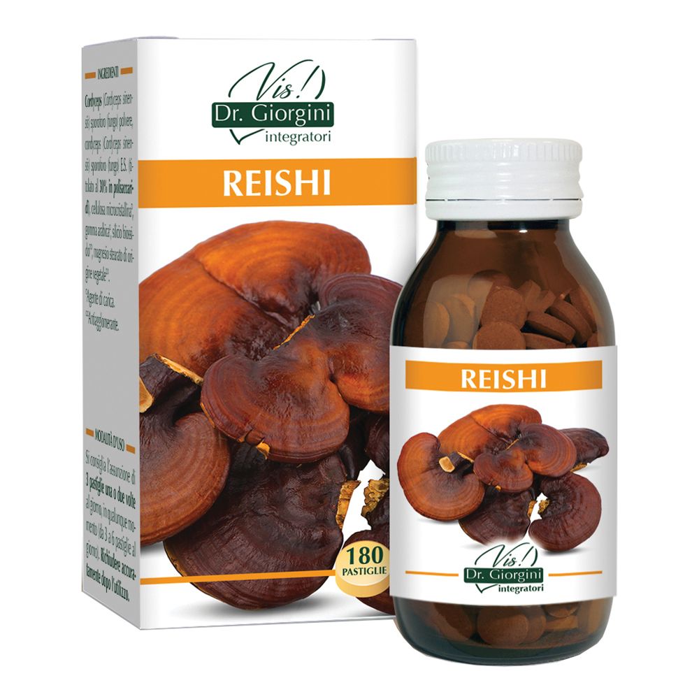 Integratore alimentare Reishi Dr. Giorgini. Flacone da 180 pastiglie e scatola con funghi Reishi.