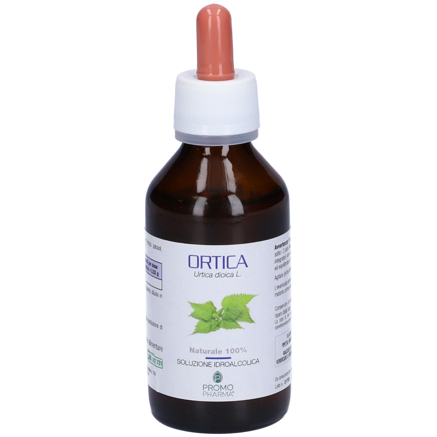 Flacone di vetro marrone con contagocce. Scritta: Ortica, Soluzione Idroalcolica, PromoPharma. Etichetta con informazioni.