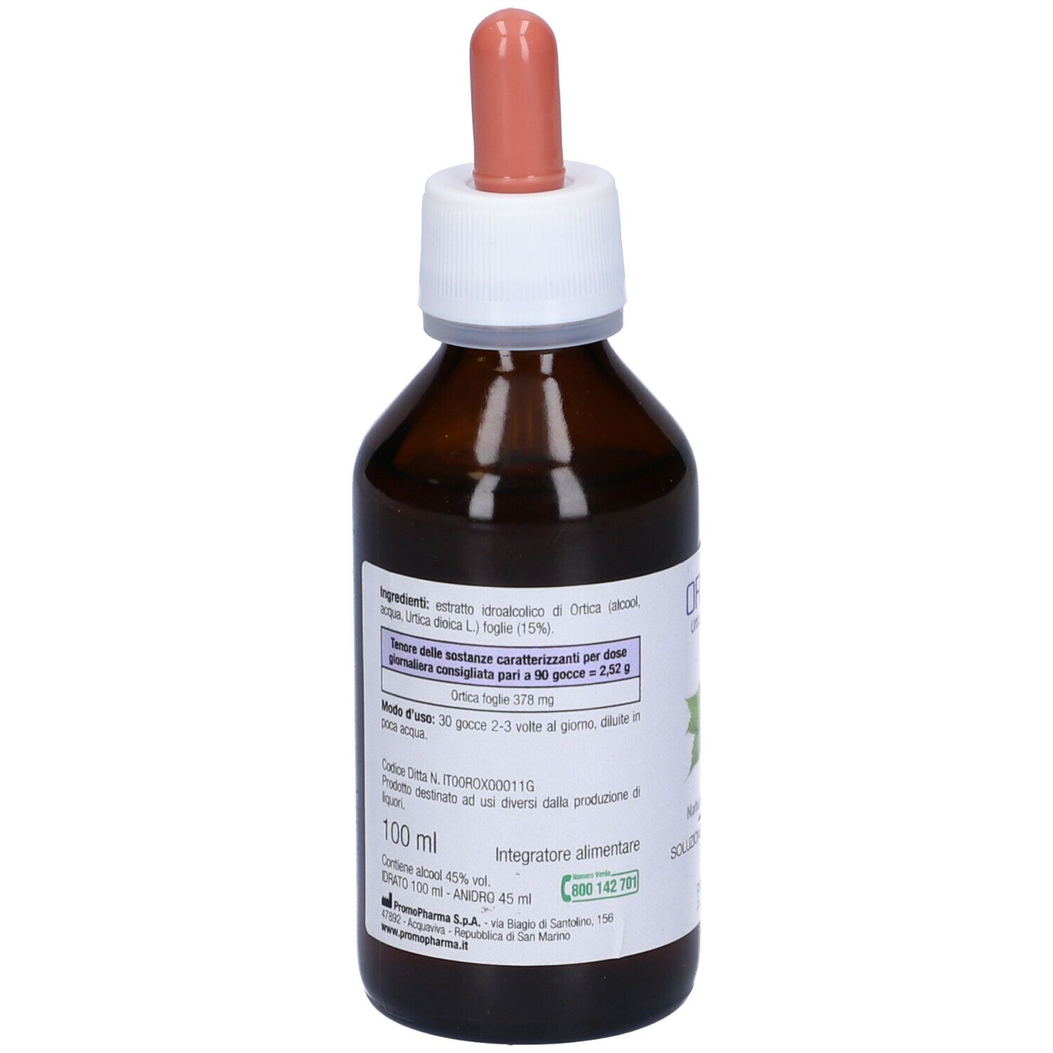 Flacone di vetro marrone con contagocce. Retro con ingredienti e istruzioni per l'uso. Scritta: 100 ml.