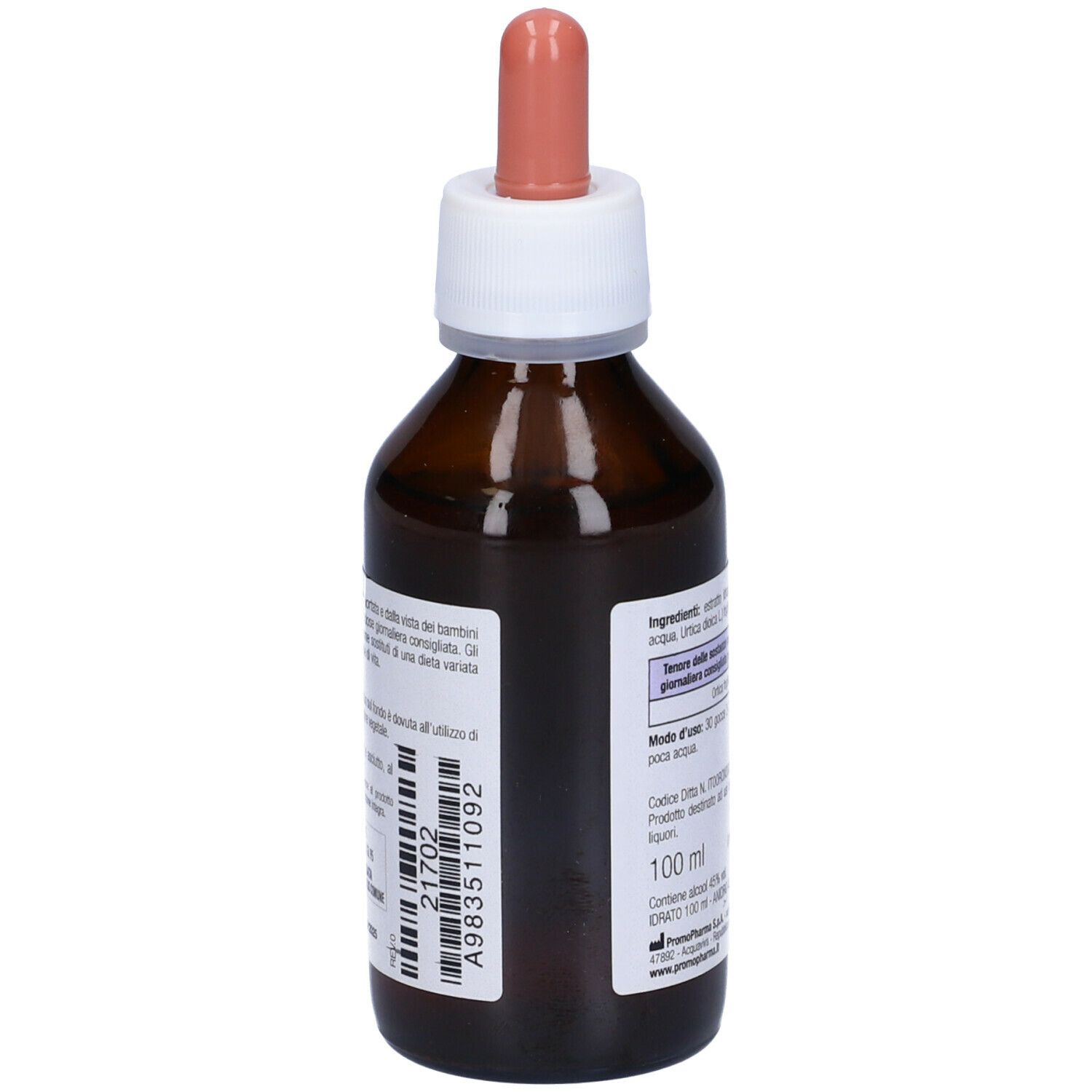 Flacone di vetro marrone con contagocce. Retro con informazioni e codice a barre. Scritta: 100 ml.