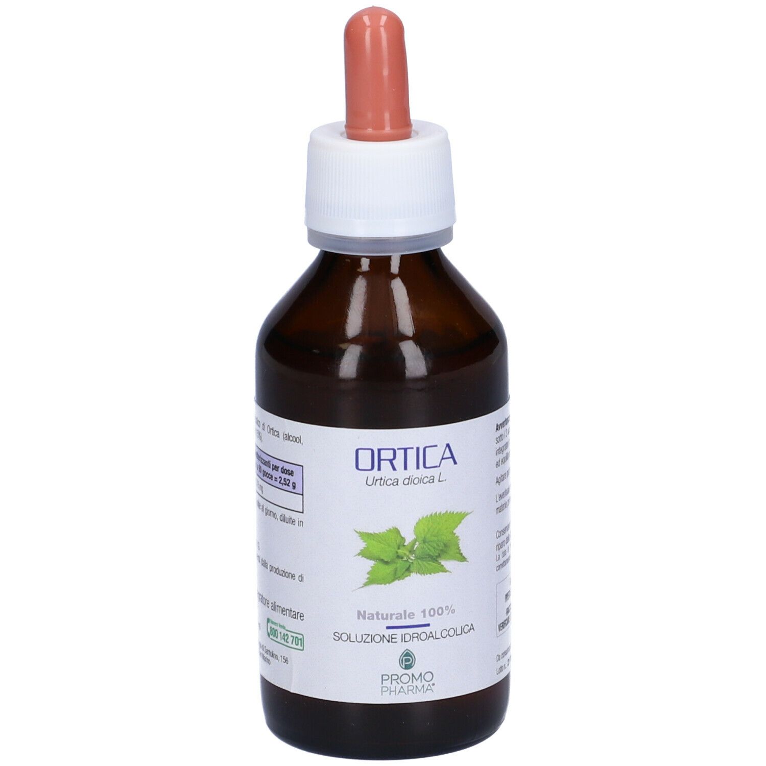 Flacone di vetro marrone con contagocce. Scritta: Ortica, Soluzione Idroalcolica, PromoPharma. Etichetta con informazioni.
