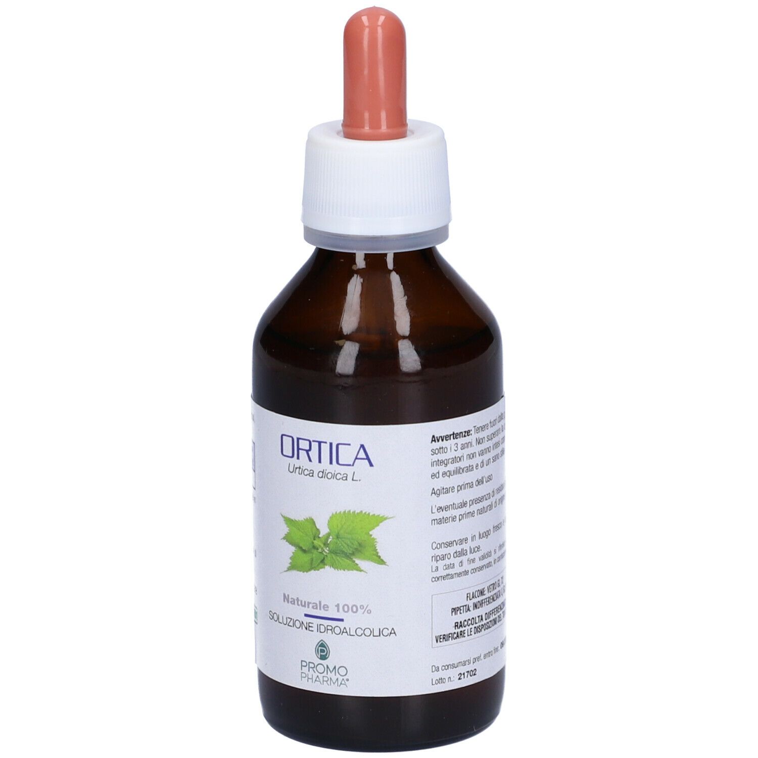 Flacone di vetro marrone con contagocce. Scritta: Ortica, Soluzione Idroalcolica, PromoPharma. Etichetta con avvertenze.