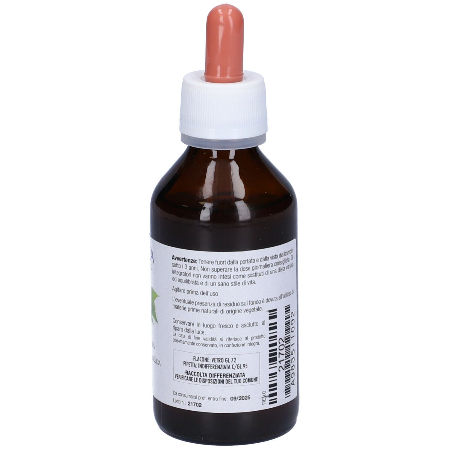 Flacone di vetro marrone con contagocce. Retro con avvertenze e data di scadenza. Scritta: 100 ml.