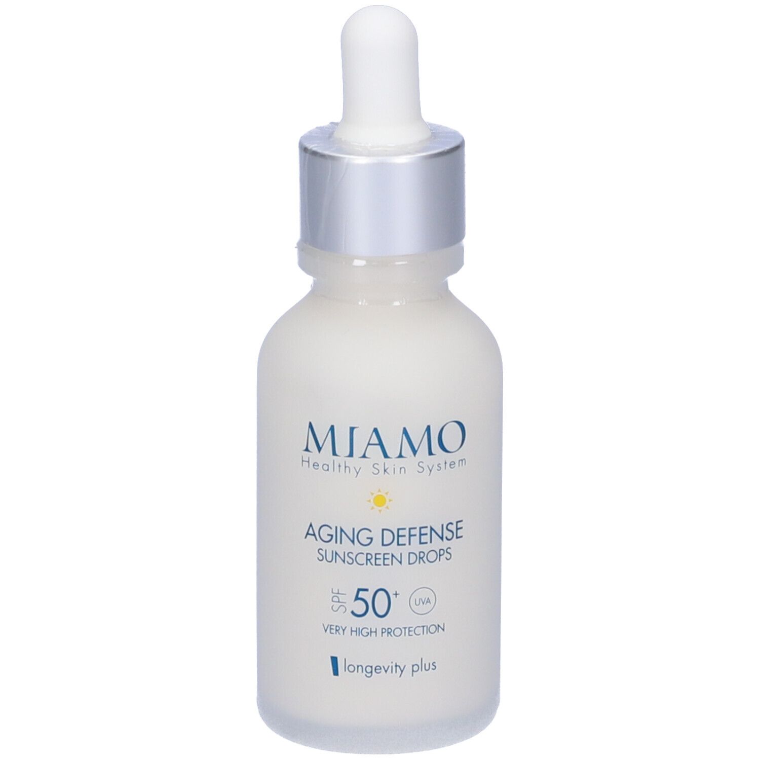 Miamo Aging Defense Sunscreen Drops. Flacone bianco con contagocce. Testo: SPF 50, UVA, longevity plus.