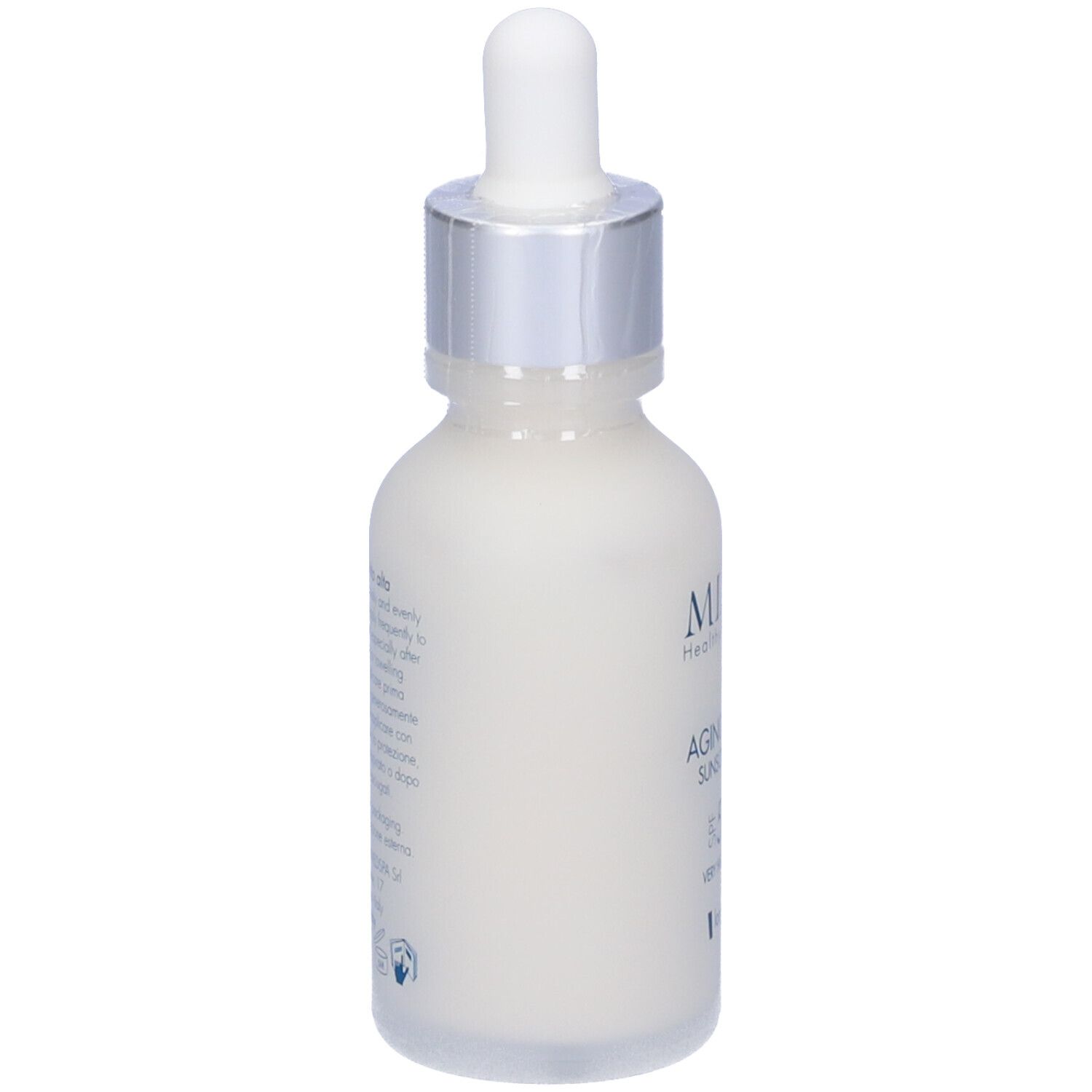 Miamo Aging Defense Sunscreen Drops. Flacone bianco con testo. Vista posteriore con testo.