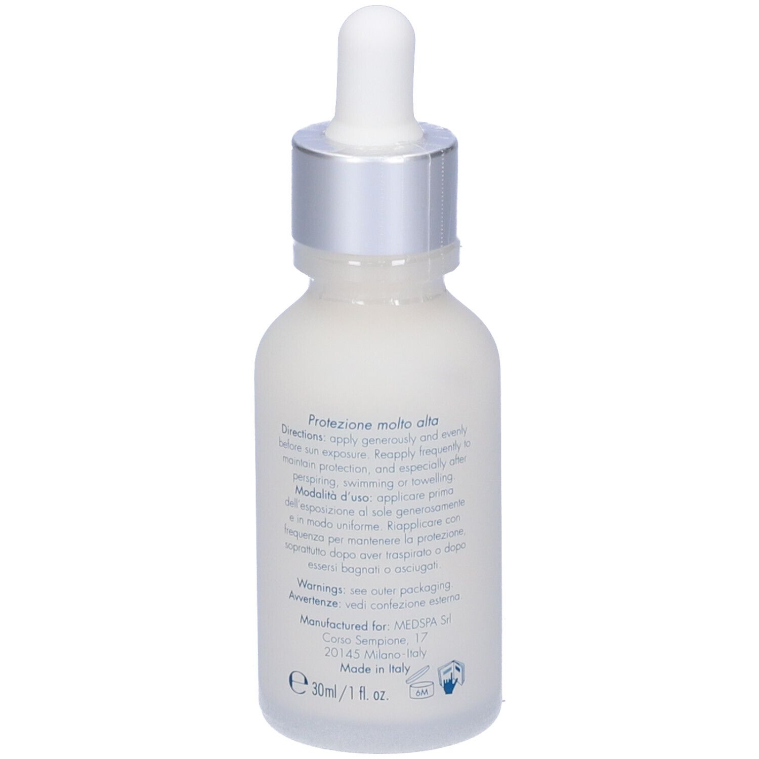 Miamo Aging Defense Sunscreen Drops. Flacone bianco con testo. Vista posteriore con testo.