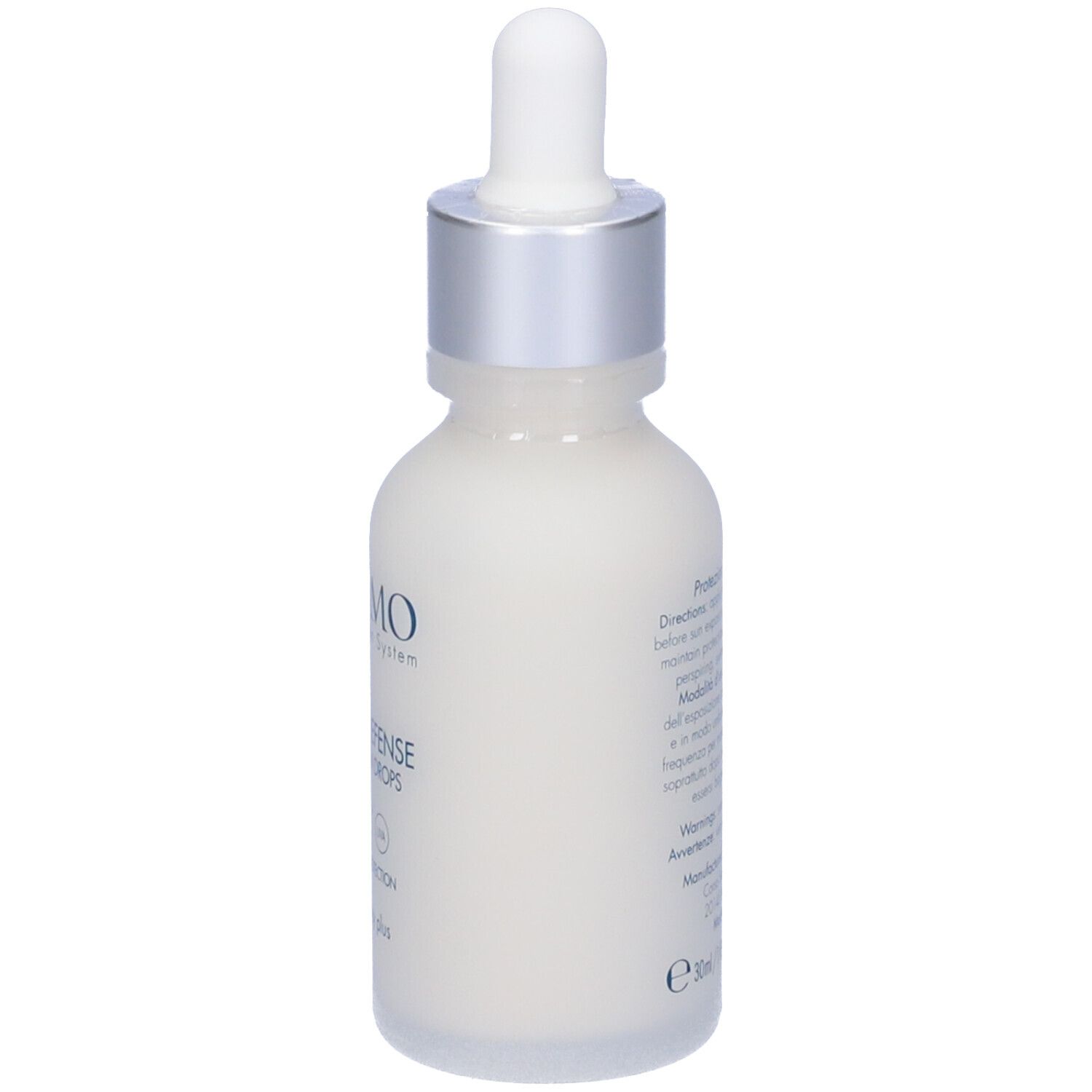 Miamo Aging Defense Sunscreen Drops. Flacone bianco con testo. Vista posteriore con testo.