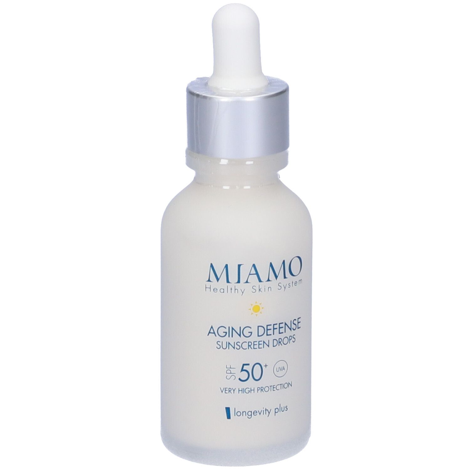 Miamo Aging Defense Sunscreen Drops. Flacone bianco con contagocce. Testo: SPF 50, UVA, longevity plus.