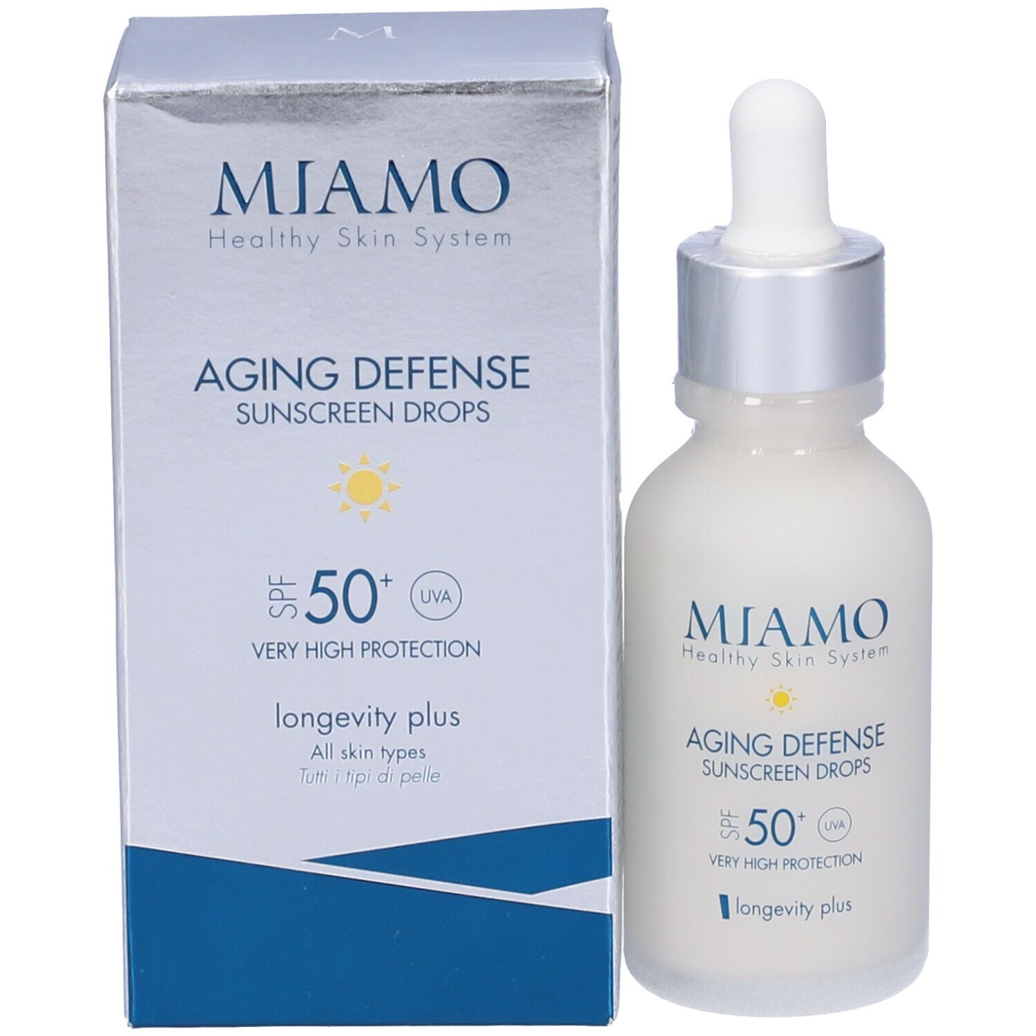 Miamo Aging Defense Sunscreen Drops. Flacone e scatola. Testo: SPF 50, UVA, longevity plus, All skin types.