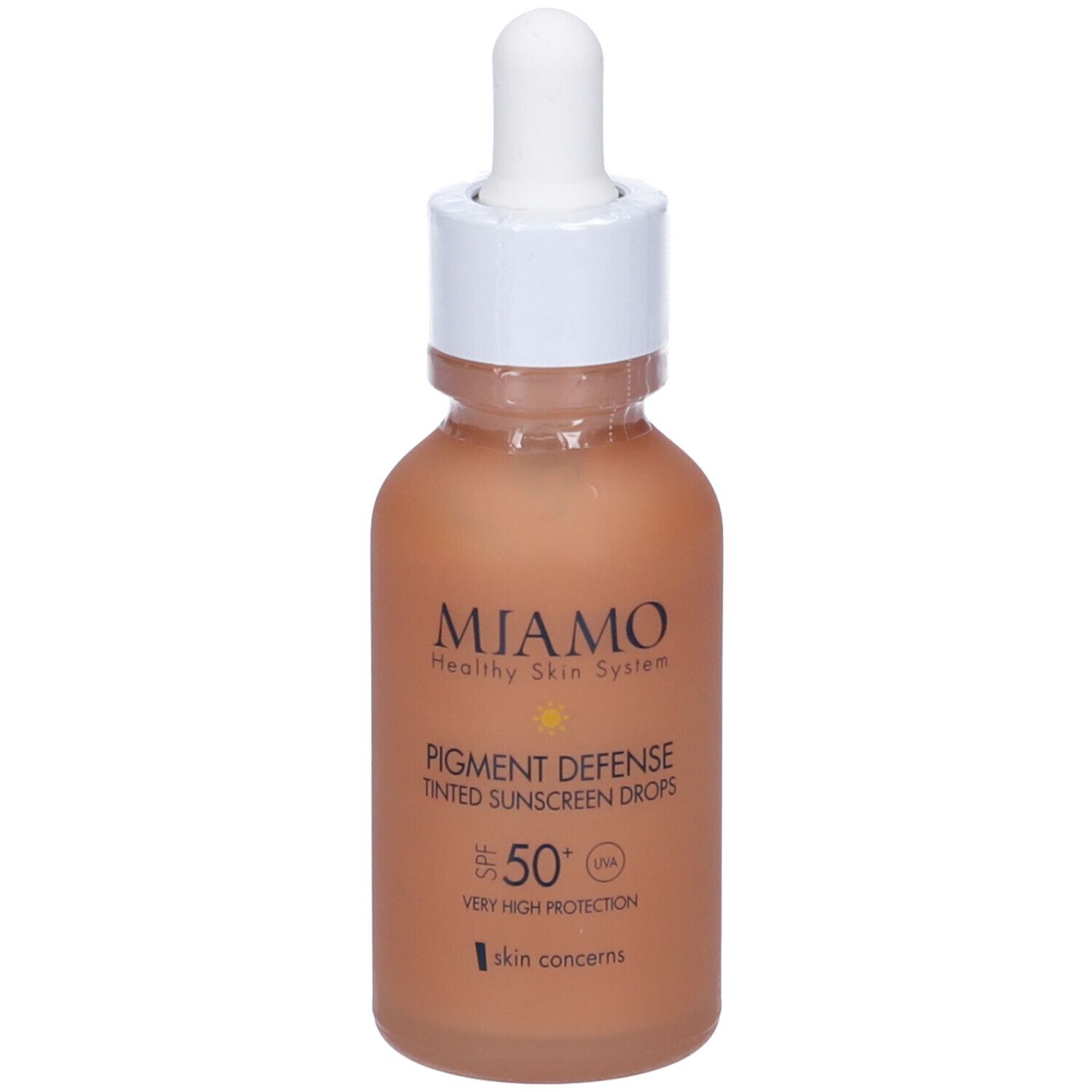 Flacone marrone con tappo bianco e pipetta. Scritta: MIAMO, Pigment Defense, gocce solari colorate, SPF 50+.