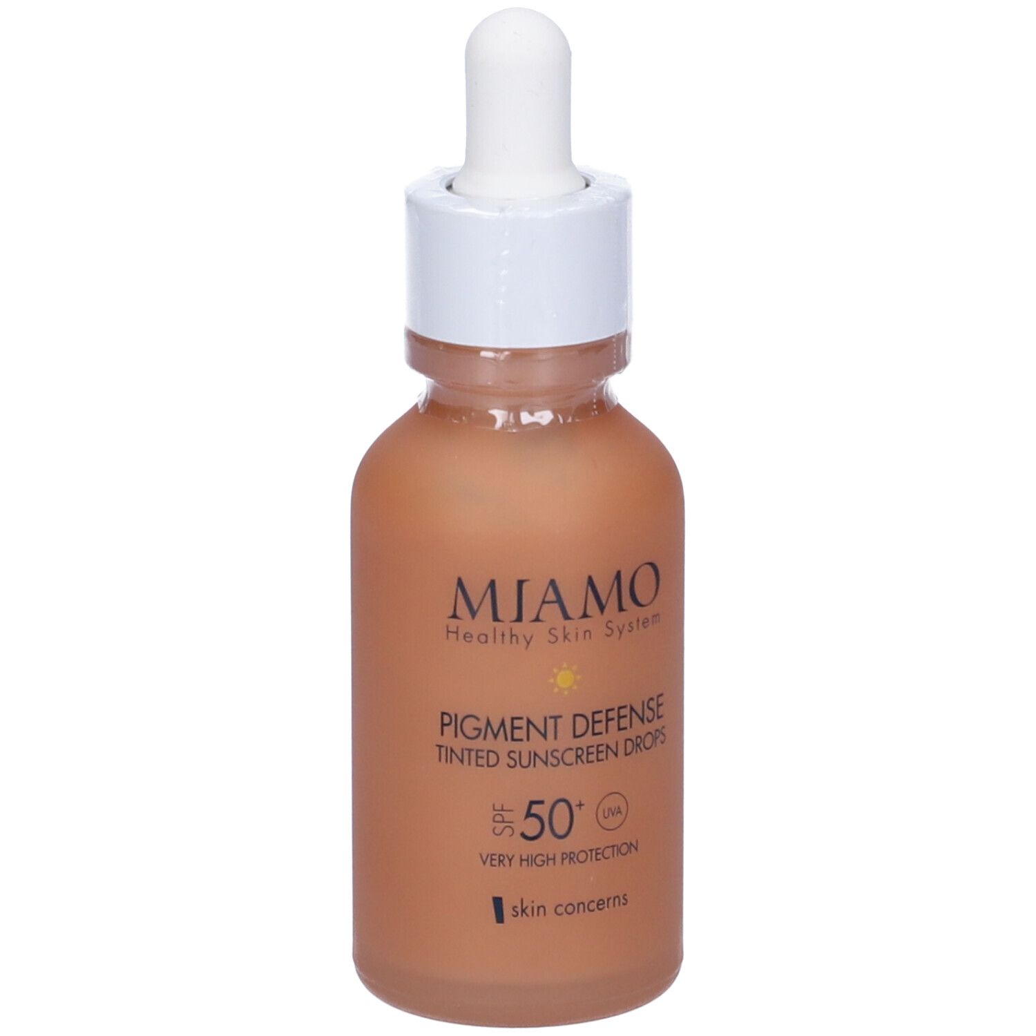 Flacone marrone con tappo bianco e pipetta. Scritta: MIAMO, Pigment Defense, gocce solari colorate, SPF 50+.