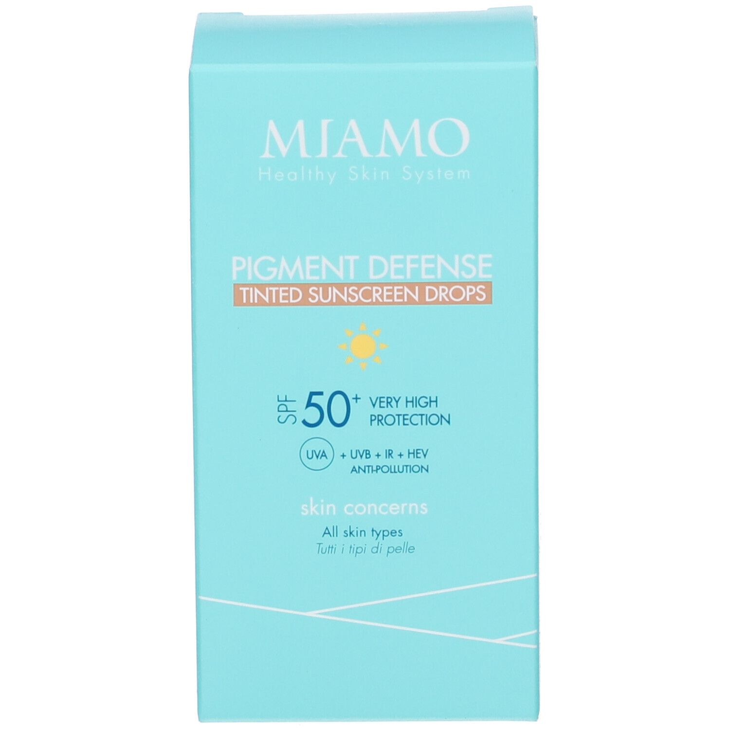 Scatola azzurra con scritta: MIAMO, Pigment Defense, gocce solari colorate, SPF 50+.