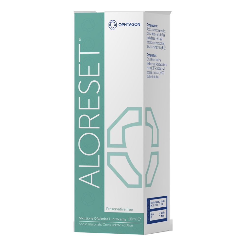 Scatola di Aloreset. Confezione verde e bianca con nome e logo del prodotto. Contiene soluzione oftalmica.