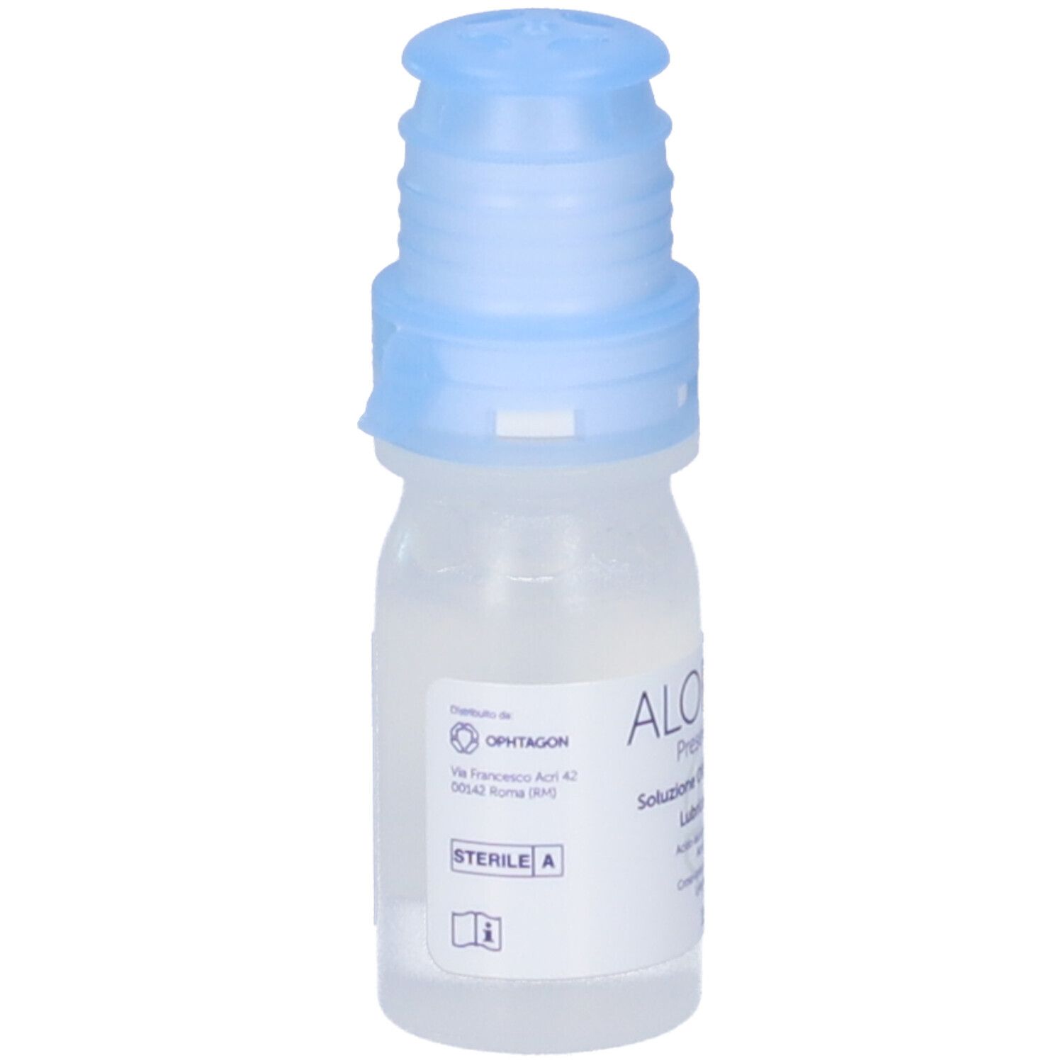 Flacone trasparente con tappo blu. Contiene gocce oculari Aloreset. Sterile.
