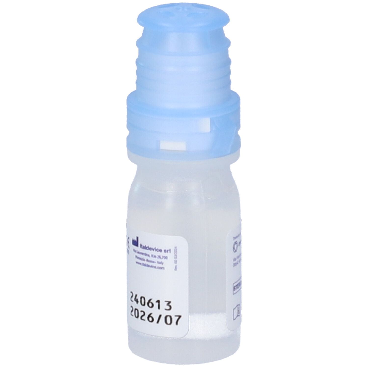 Flacone trasparente con tappo blu. Contiene gocce oculari Aloreset. Data di scadenza.