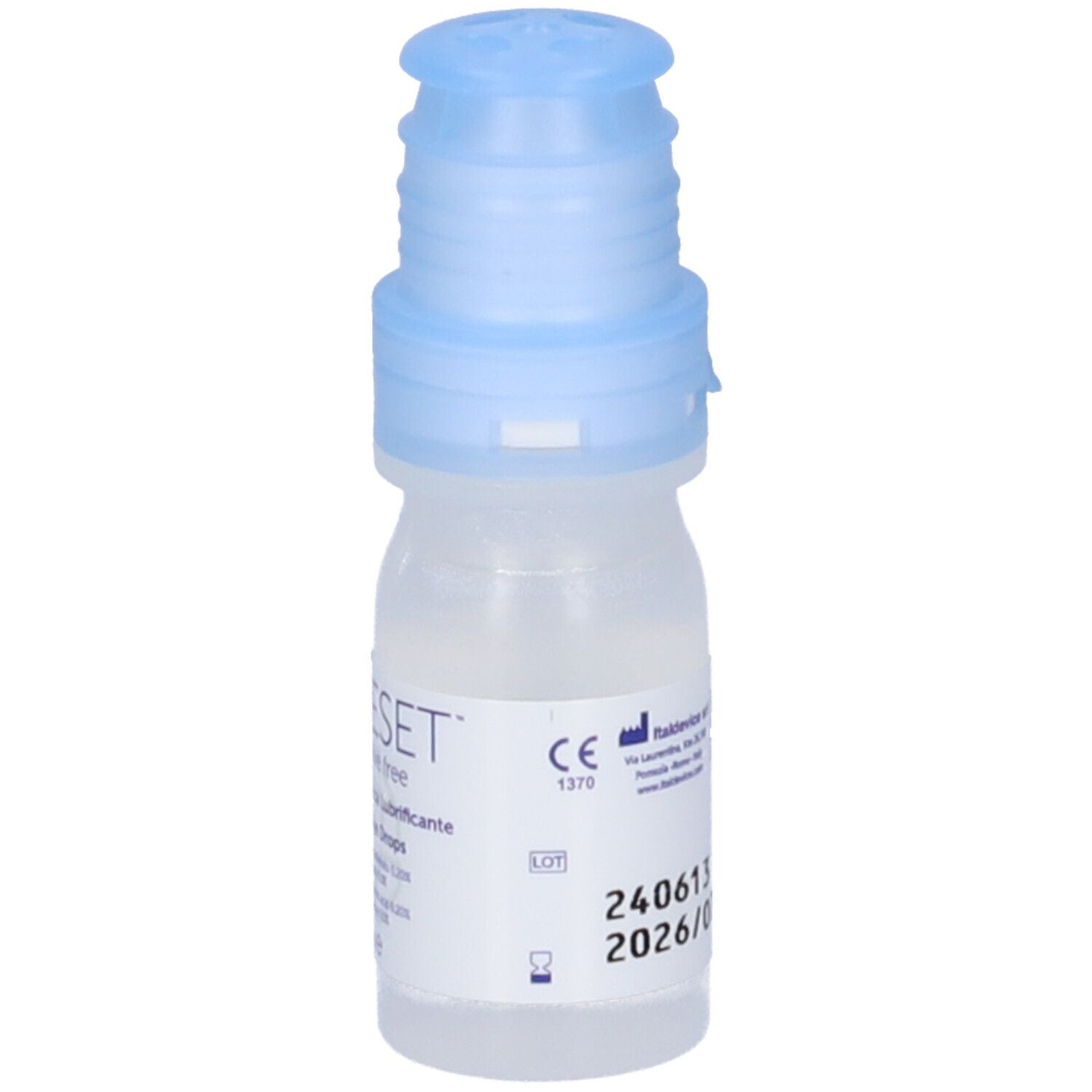 Flacone trasparente con tappo blu. Contiene gocce oculari Aloreset. Marchio CE.