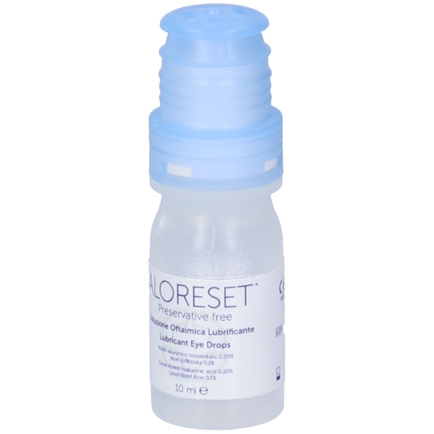 Flacone trasparente con tappo blu. Contiene gocce oculari Aloreset. 10 ml.
