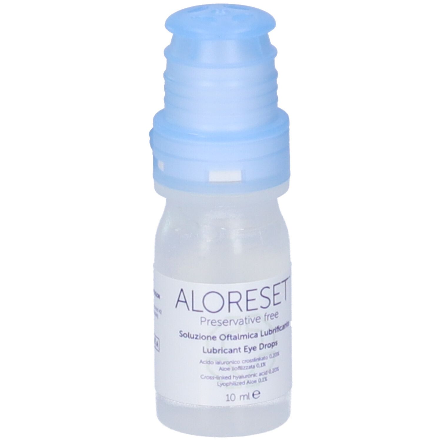 Flacone trasparente con tappo blu. Contiene gocce oculari Aloreset. 10 ml.