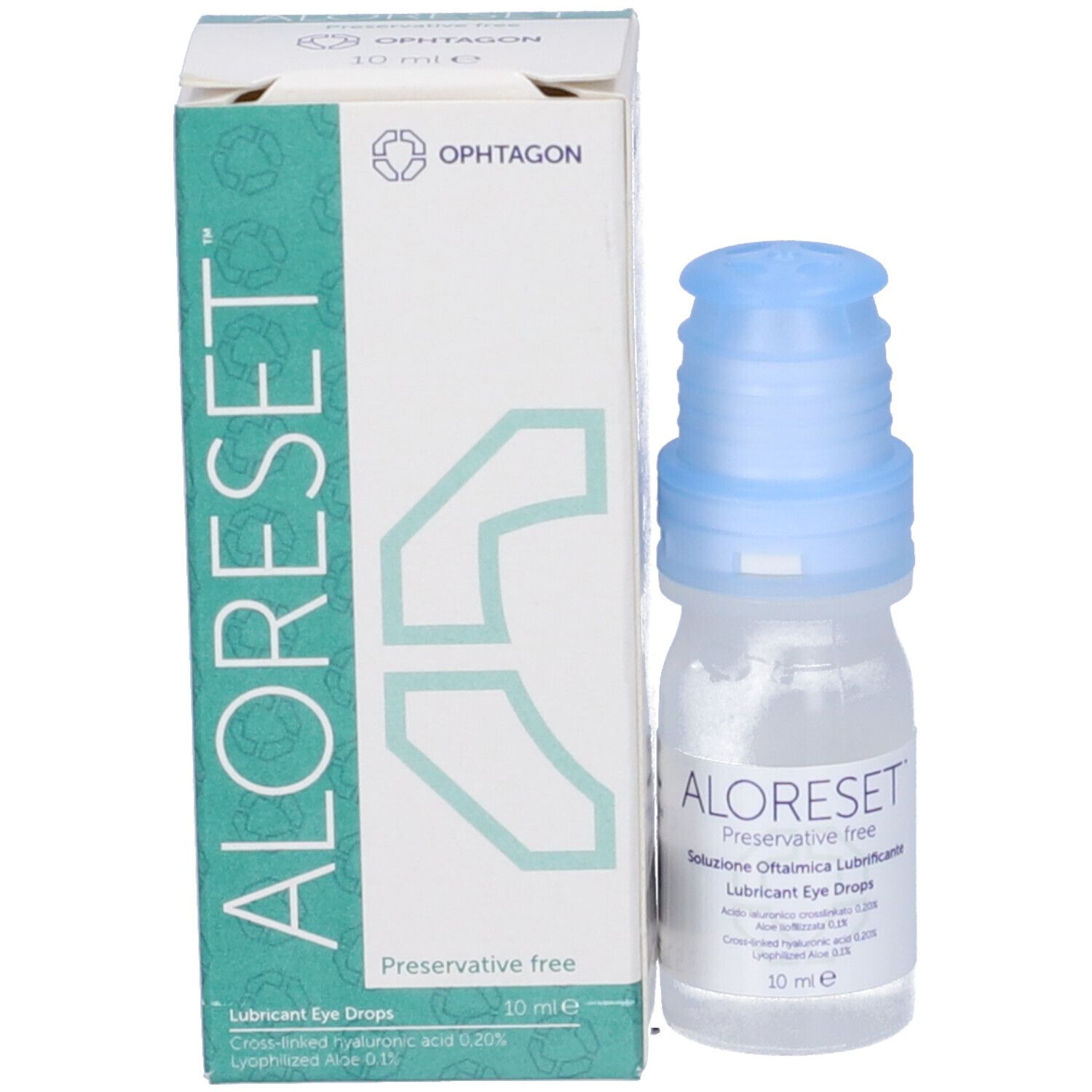 Flacone e confezione di gocce oculari Aloreset. Flacone con tappo blu, 10 ml. Confezione con logo.