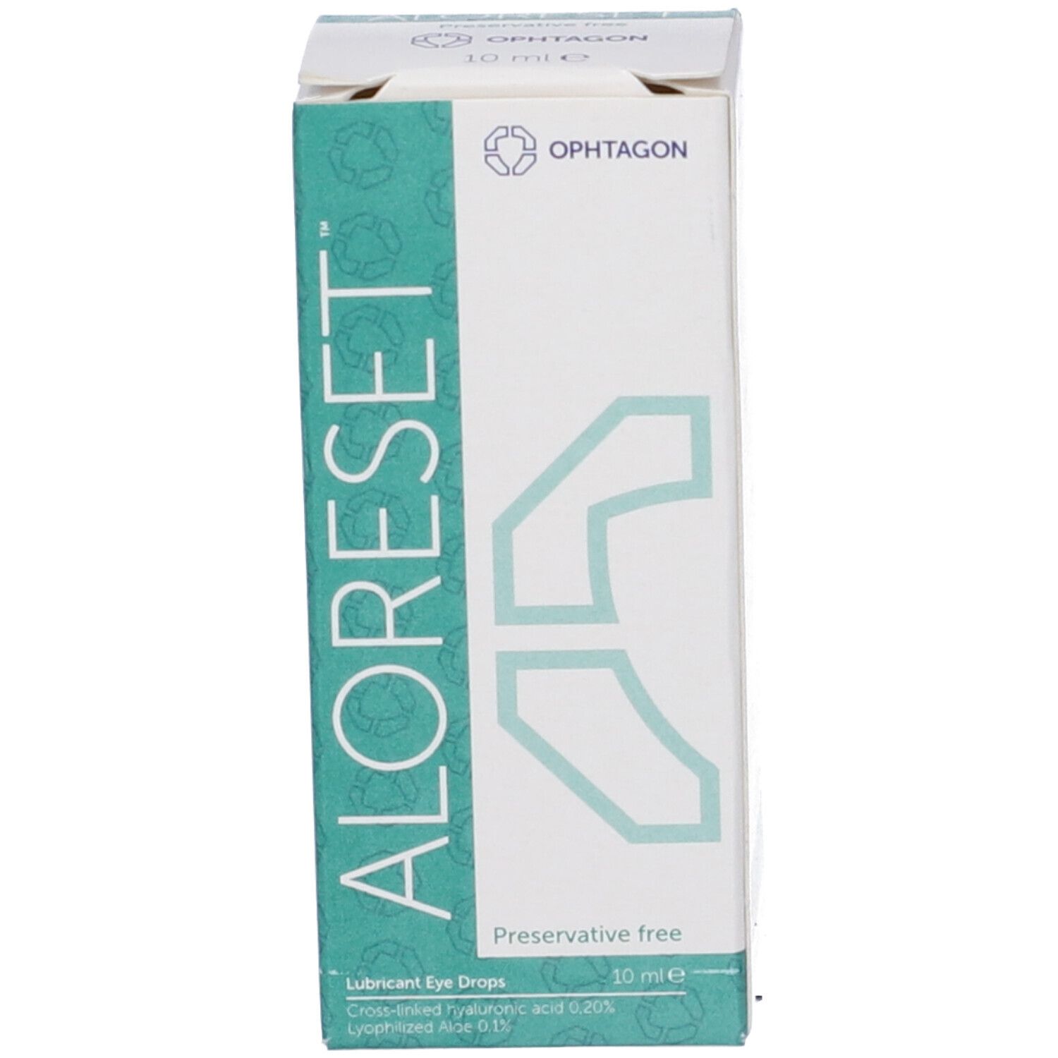 Scatola di Aloreset. Confezione verde e bianca con nome e logo del prodotto. 10 ml.