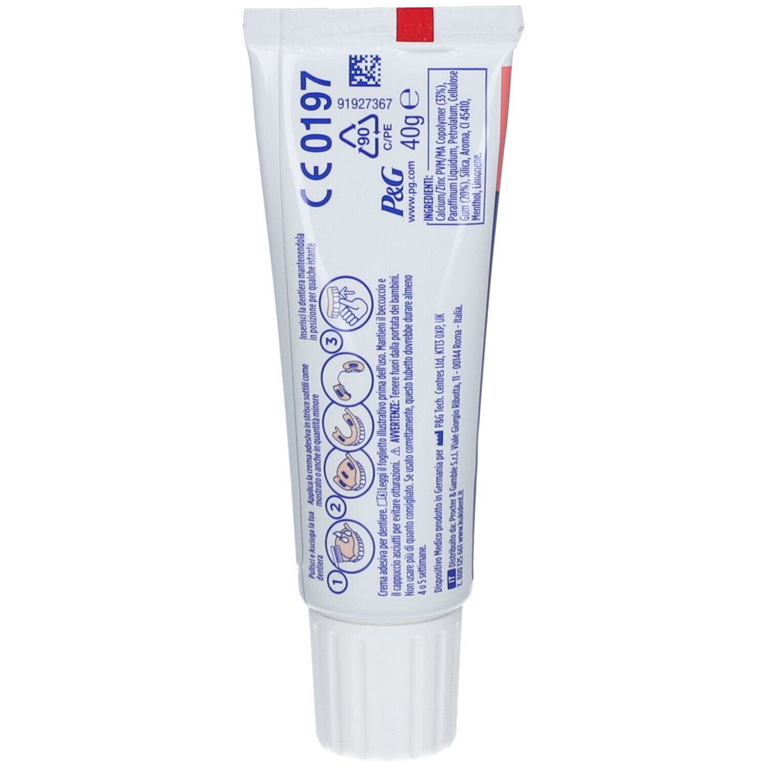 Retro di un tubo di crema adesiva. Contiene informazioni sugli ingredienti, le istruzioni per l'uso e il produttore.